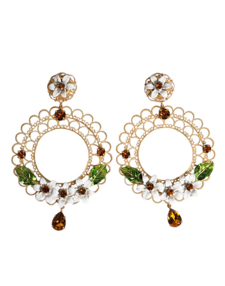Dolce & Gabbana Gold Floral Filigree Hoop Enamel Amber Crystals Earrings - Hilstor