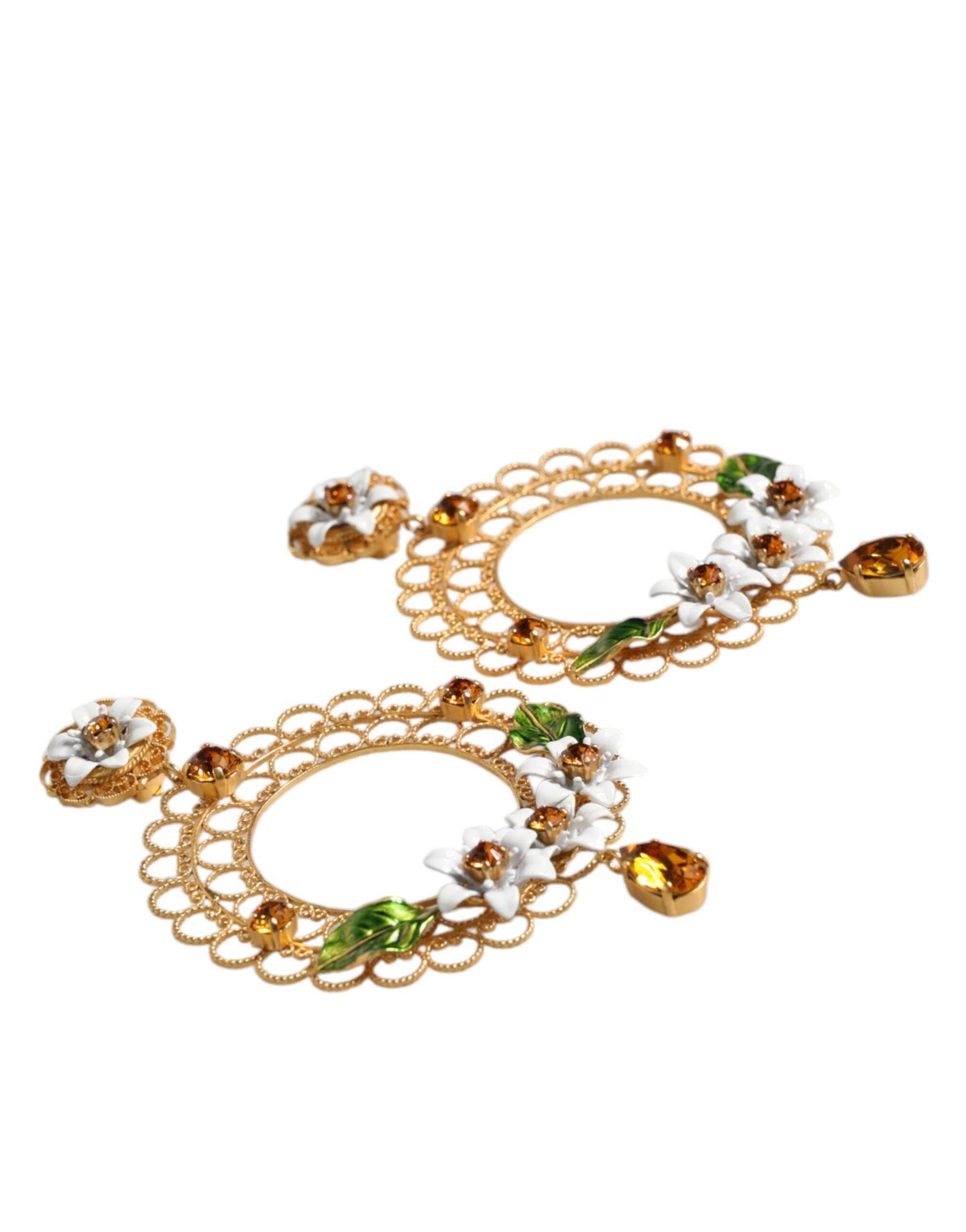 Dolce & Gabbana Gold Floral Filigree Hoop Enamel Amber Crystals Earrings - Hilstor