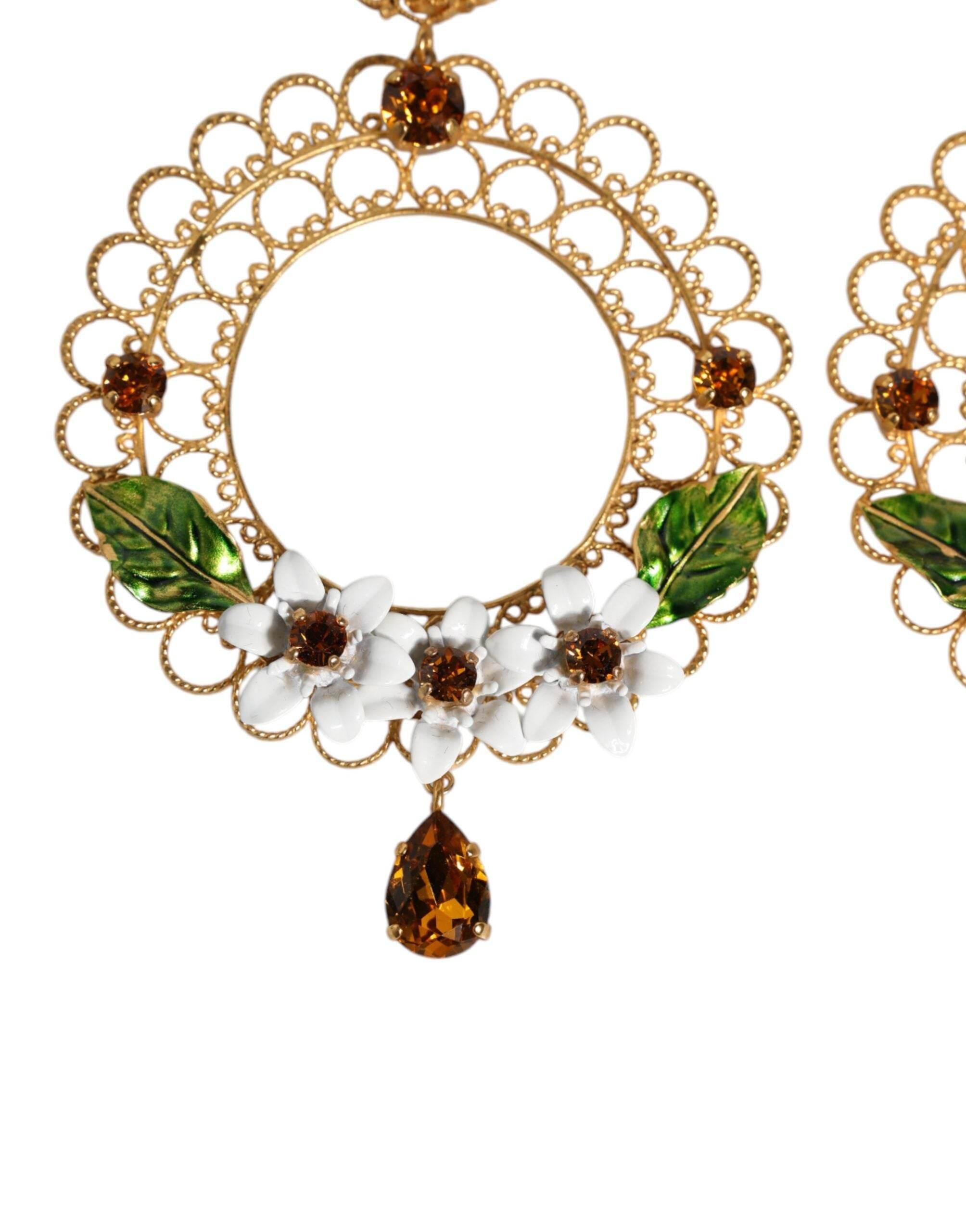 Dolce & Gabbana Gold Floral Filigree Hoop Enamel Amber Crystals Earrings - Hilstor