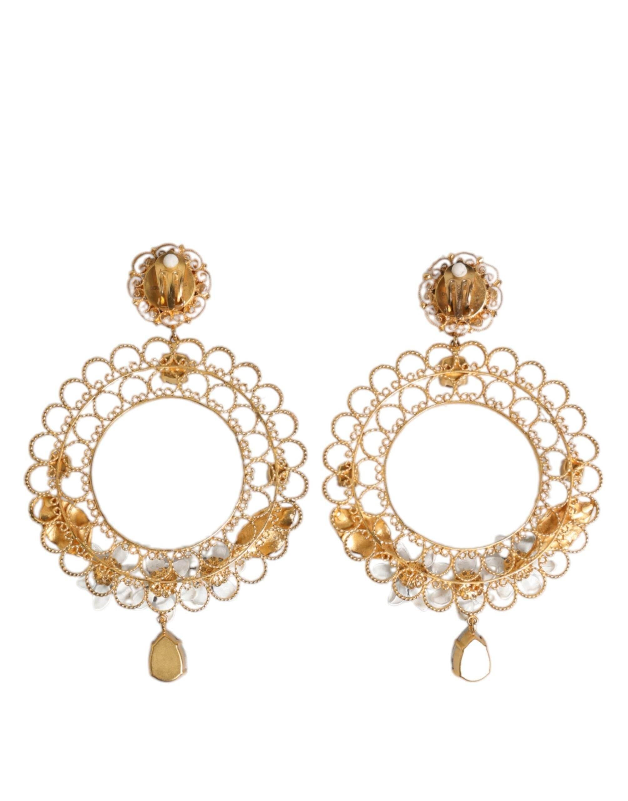Dolce & Gabbana Gold Floral Filigree Hoop Enamel Amber Crystals Earrings - Hilstor