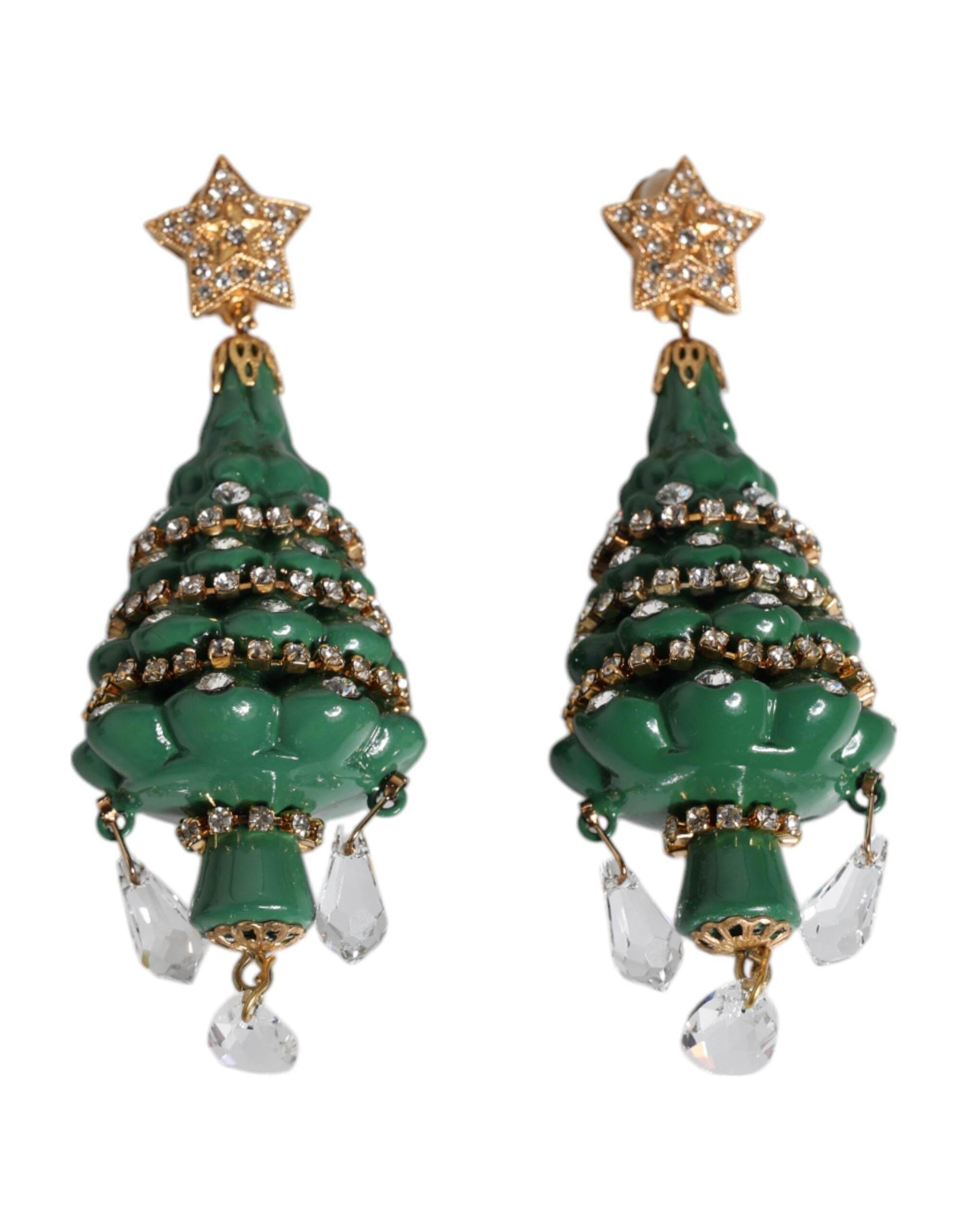 Dolce & Gabbana Green Enamel Christmas Tree Crystal Dangling Earrings - Hilstor