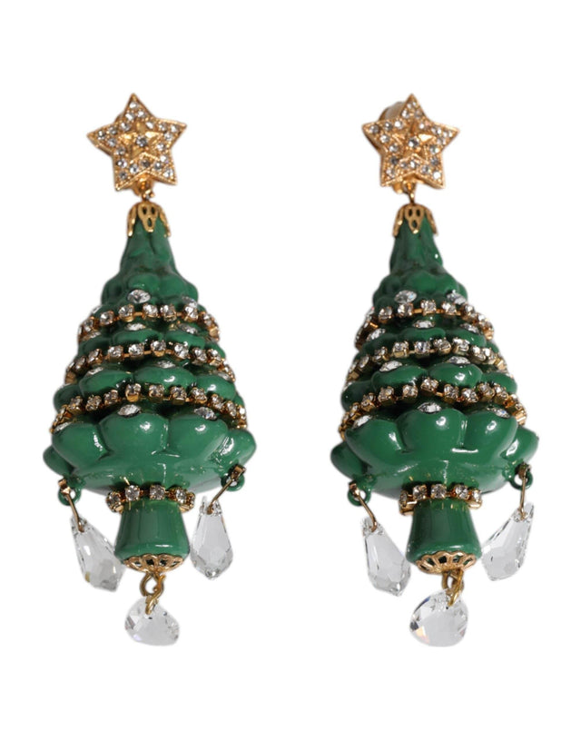 Dolce & Gabbana Green Enamel Christmas Tree Crystal Dangling Earrings - Hilstor