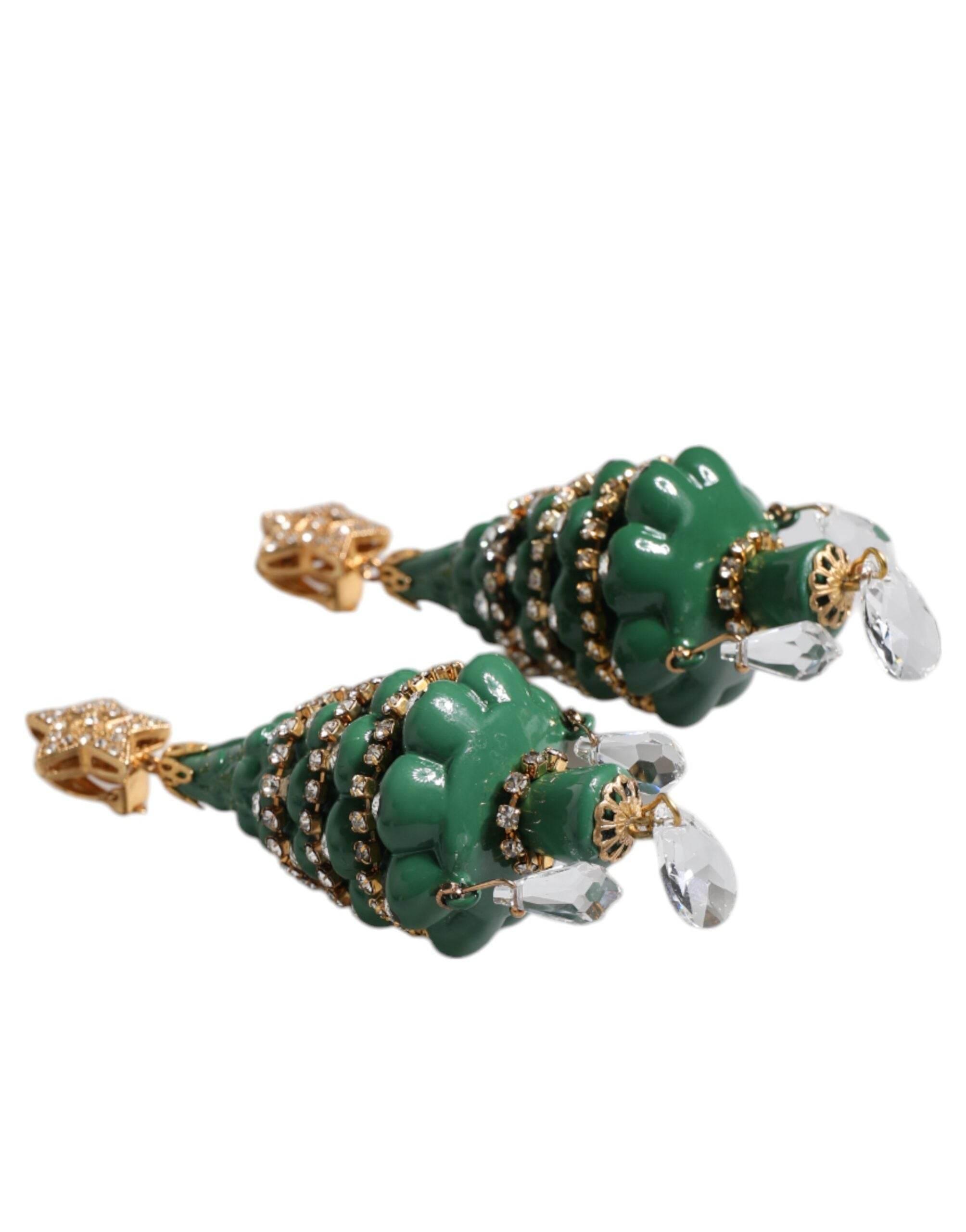 Dolce & Gabbana Green Enamel Christmas Tree Crystal Dangling Earrings - Hilstor