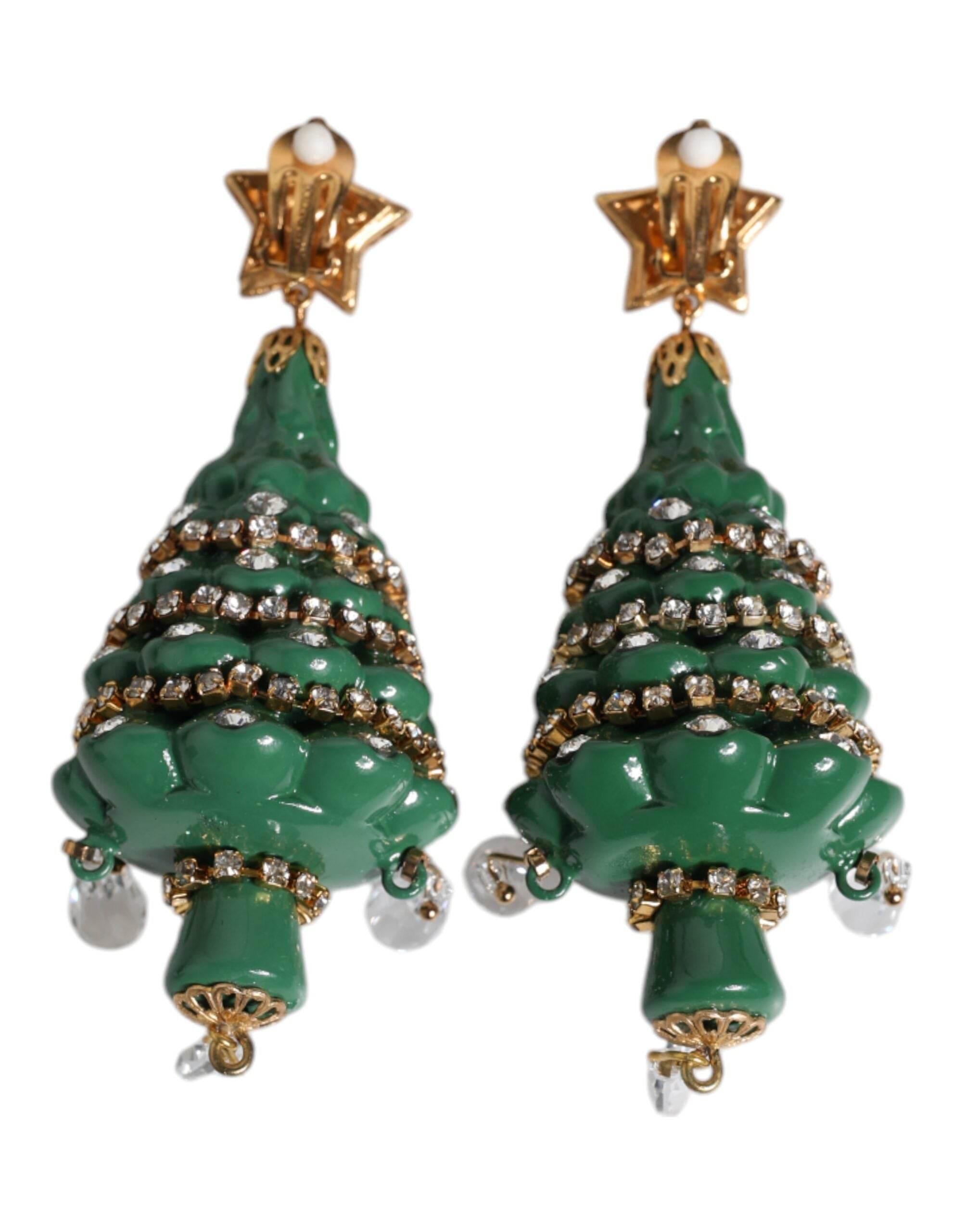 Dolce & Gabbana Green Enamel Christmas Tree Crystal Dangling Earrings - Hilstor