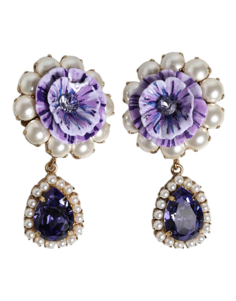 Dolce & Gabbana Purple Flower Pearl Teardrop Crystals Clip On Earrings - Hilstor