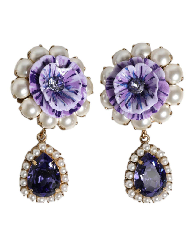 Dolce & Gabbana Purple Flower Pearl Teardrop Crystals Clip On Earrings - Hilstor