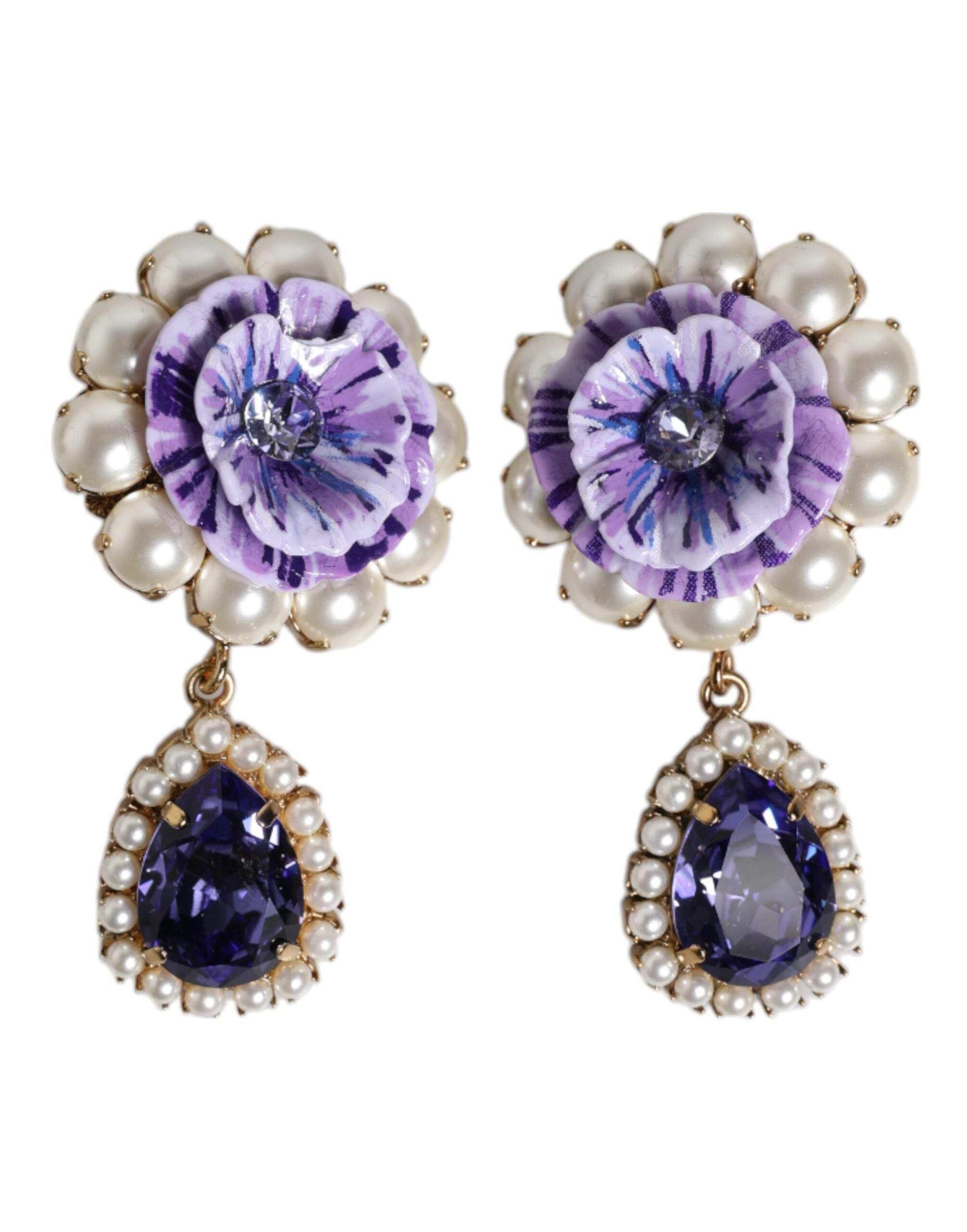 Dolce & Gabbana Purple Flower Pearl Teardrop Crystals Clip On Earrings - Hilstor