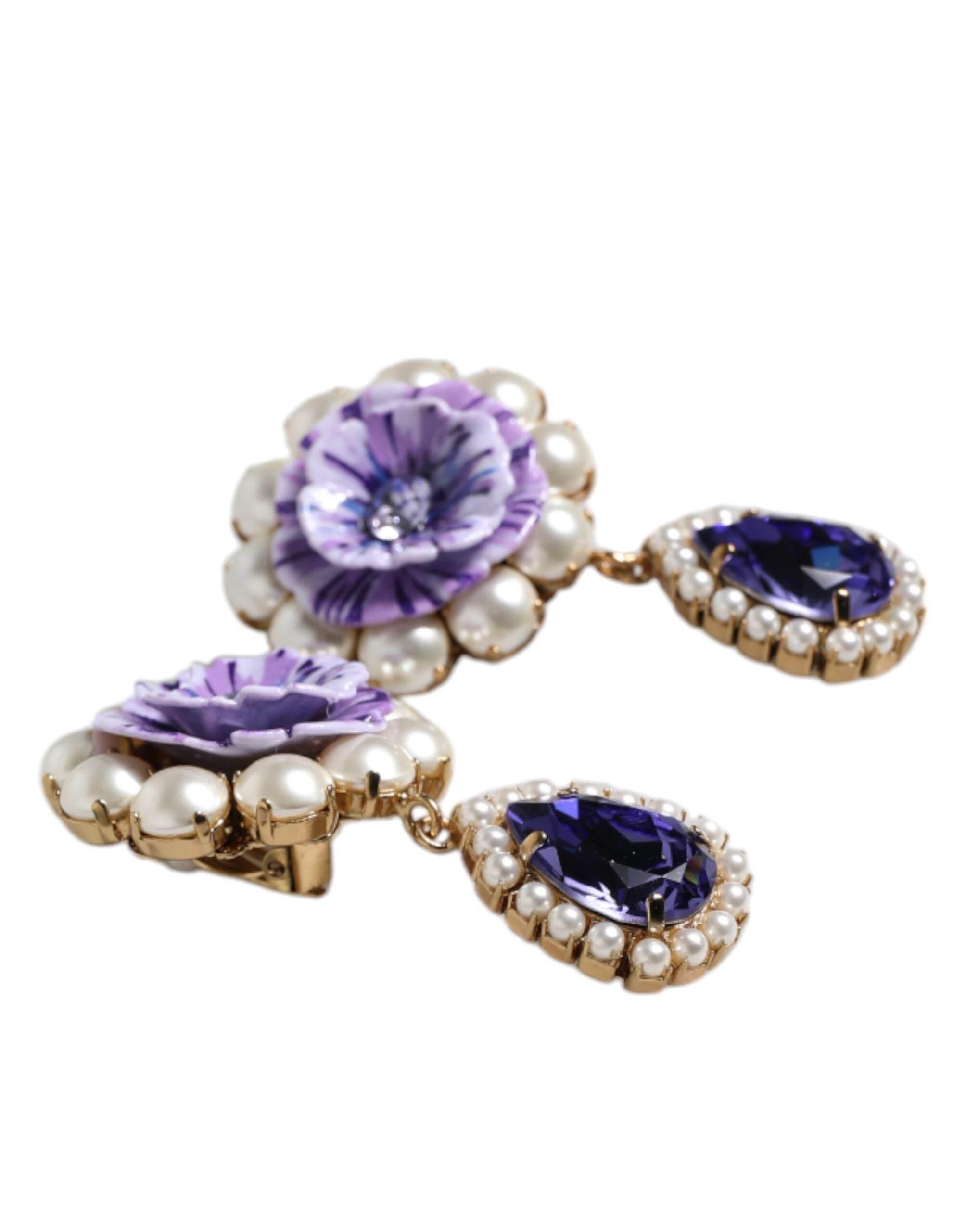 Dolce & Gabbana Purple Flower Pearl Teardrop Crystals Clip On Earrings - Hilstor