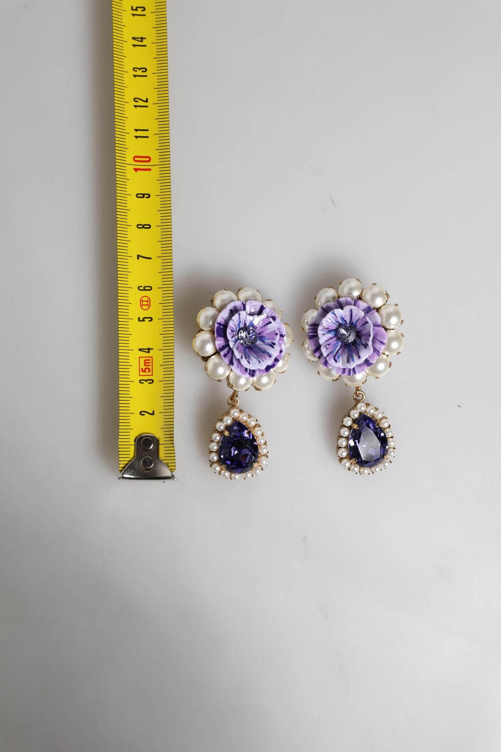 Dolce & Gabbana Purple Flower Pearl Teardrop Crystals Clip On Earrings - Hilstor