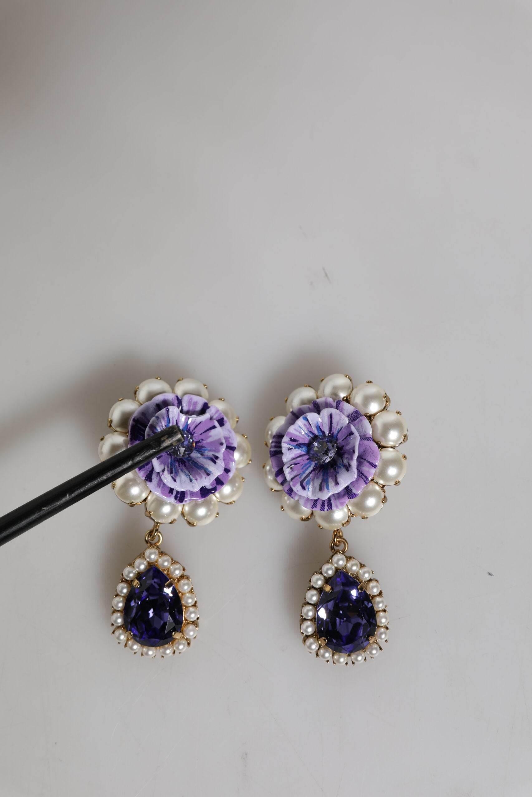 Dolce & Gabbana Purple Flower Pearl Teardrop Crystals Clip On Earrings - Hilstor