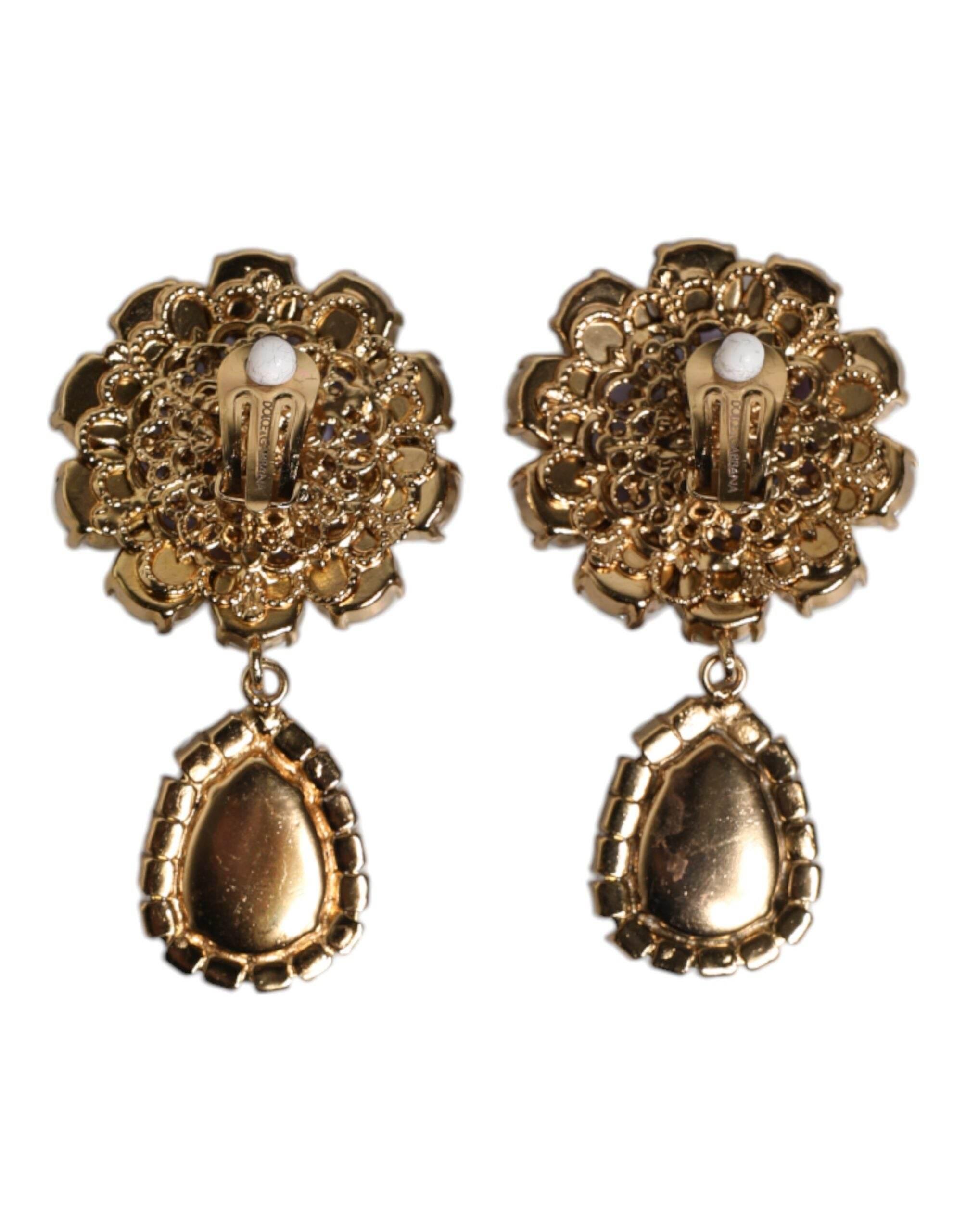 Dolce & Gabbana Purple Flower Pearl Teardrop Crystals Clip On Earrings - Hilstor