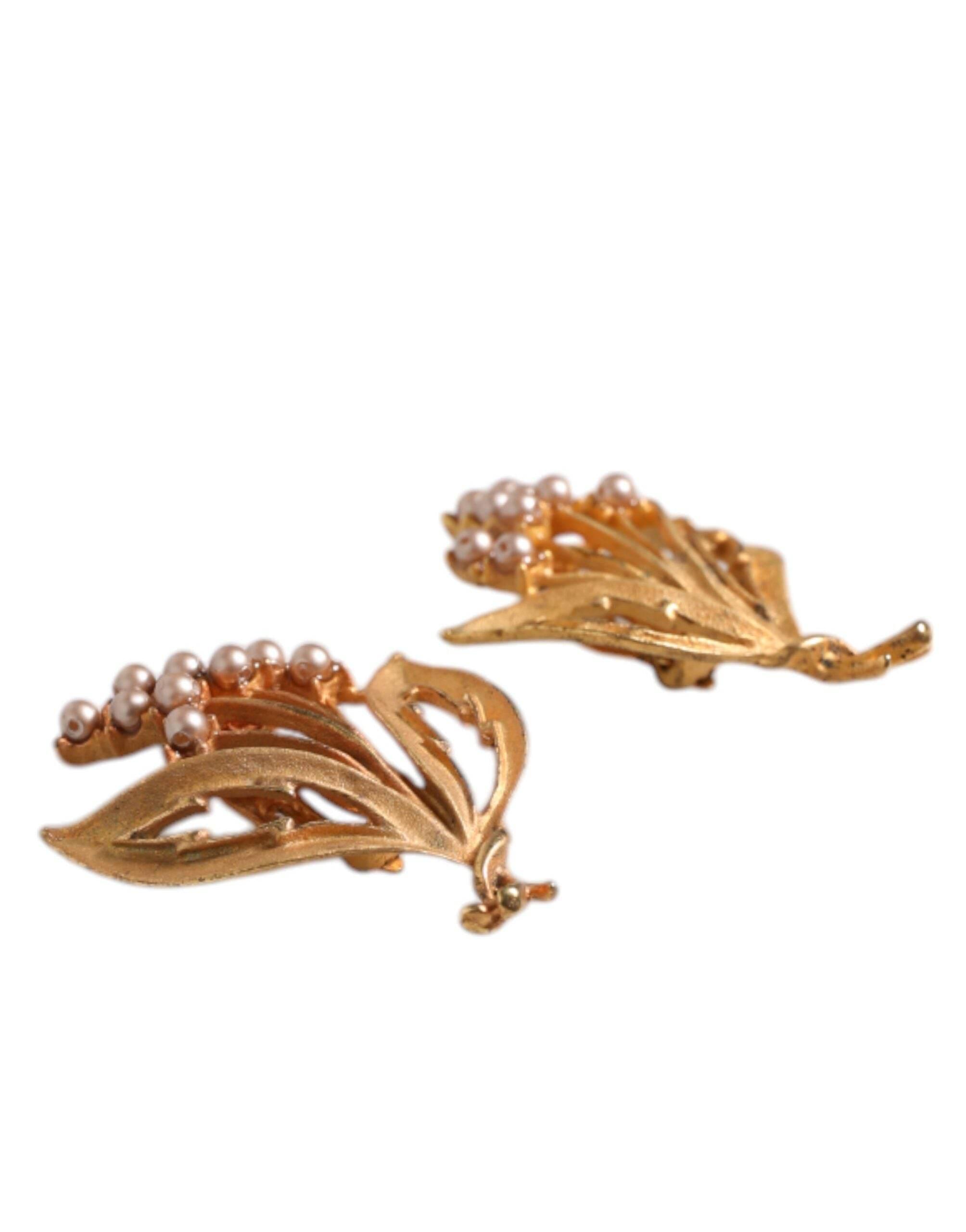 Dolce & Gabbana Gold Tone Brass Lily Of The Valley Pearl Clip On Earrings - Hilstor