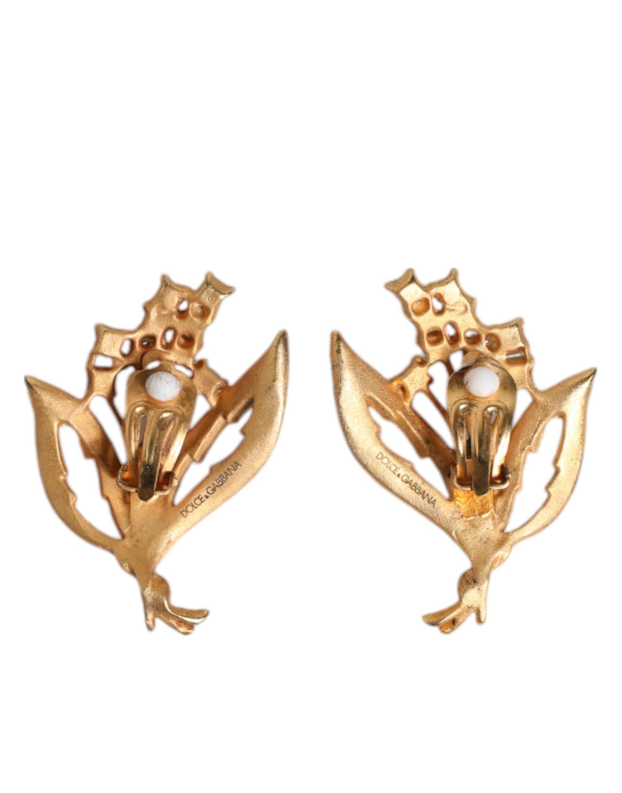 Dolce & Gabbana Gold Tone Brass Lily Of The Valley Pearl Clip On Earrings - Hilstor