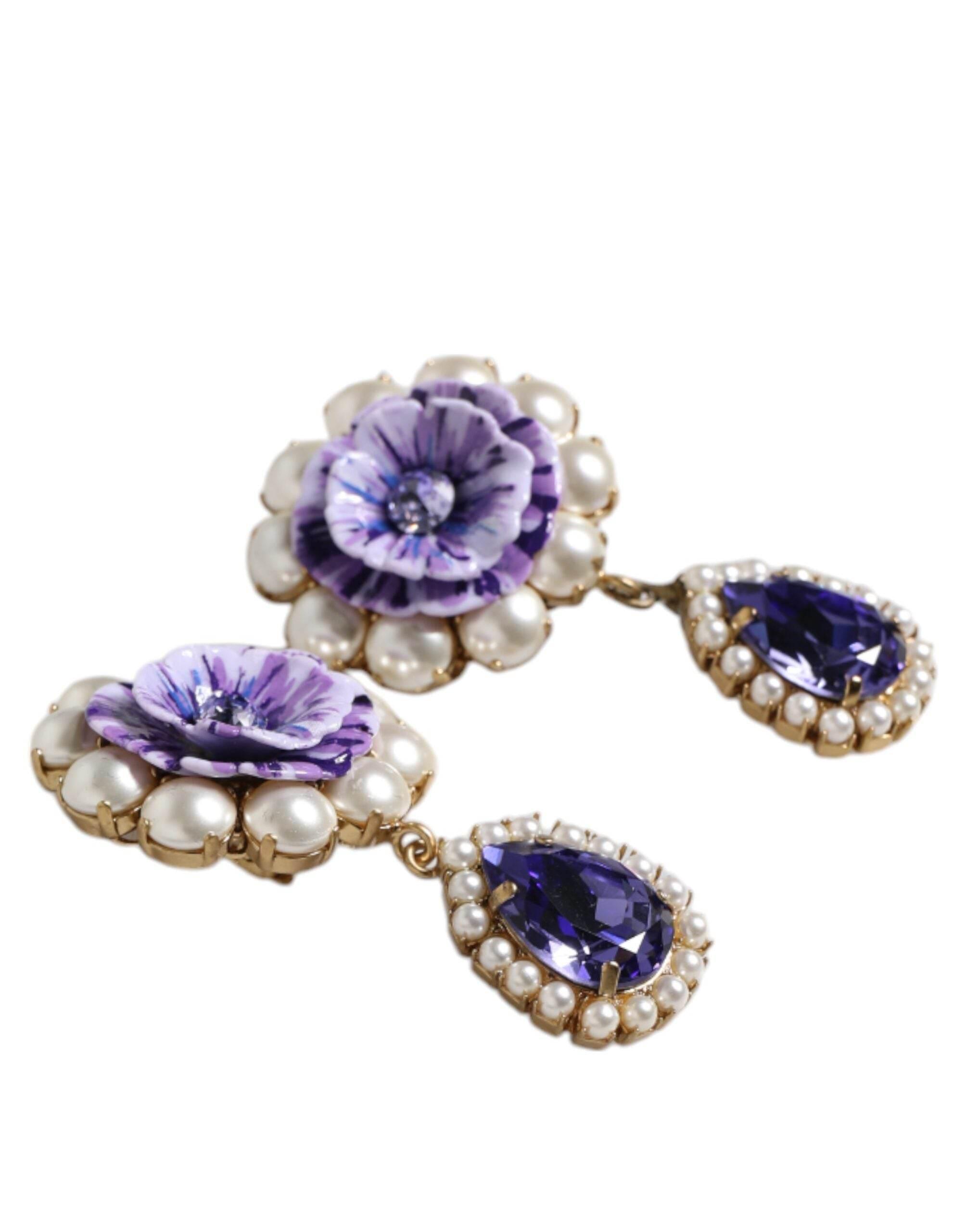 Dolce & Gabbana Purple Flower Pearl Teardrop Crystals Clip On Earrings - Hilstor