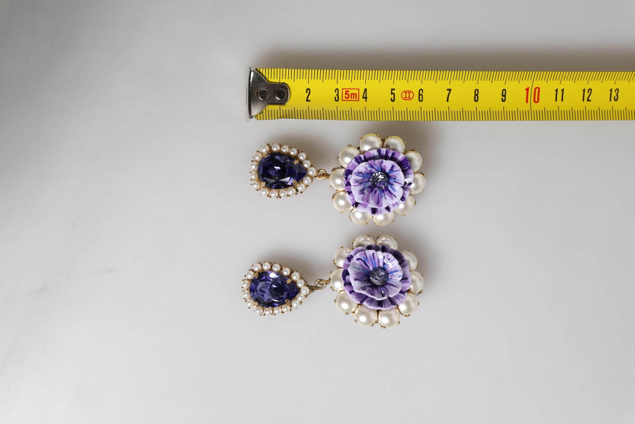Dolce & Gabbana Purple Flower Pearl Teardrop Crystals Clip On Earrings - Hilstor