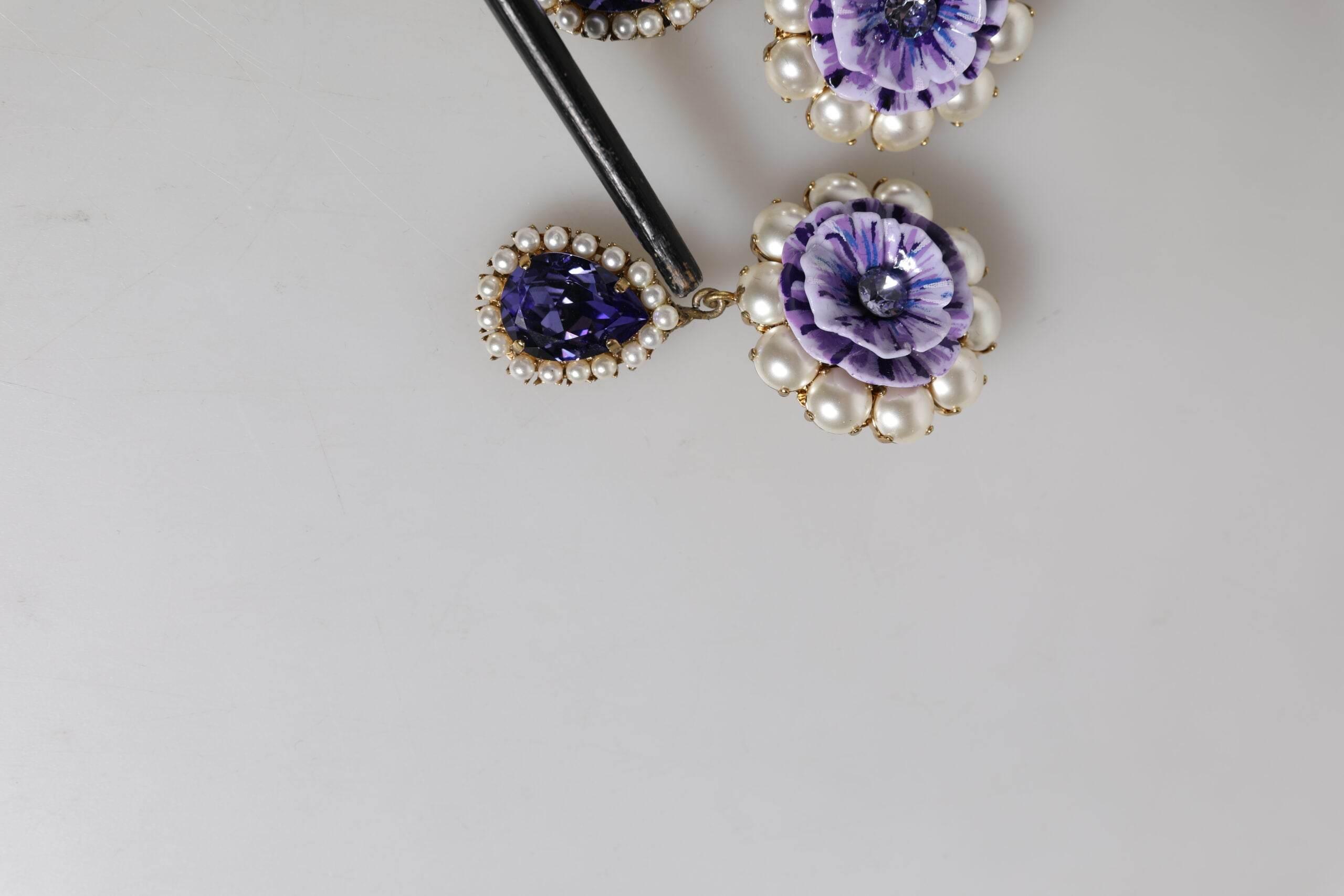 Dolce & Gabbana Purple Flower Pearl Teardrop Crystals Clip On Earrings - Hilstor