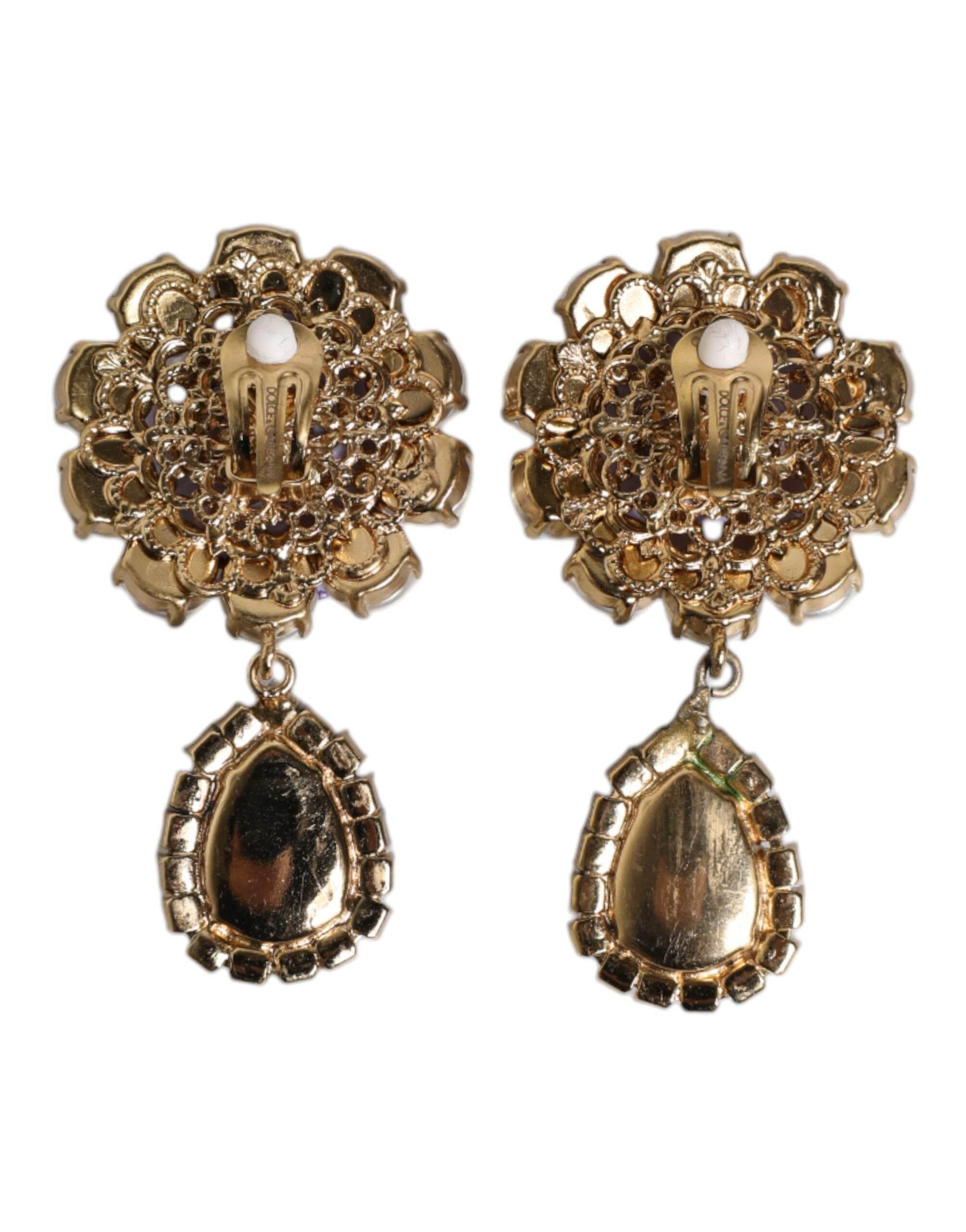 Dolce & Gabbana Purple Flower Pearl Teardrop Crystals Clip On Earrings - Hilstor