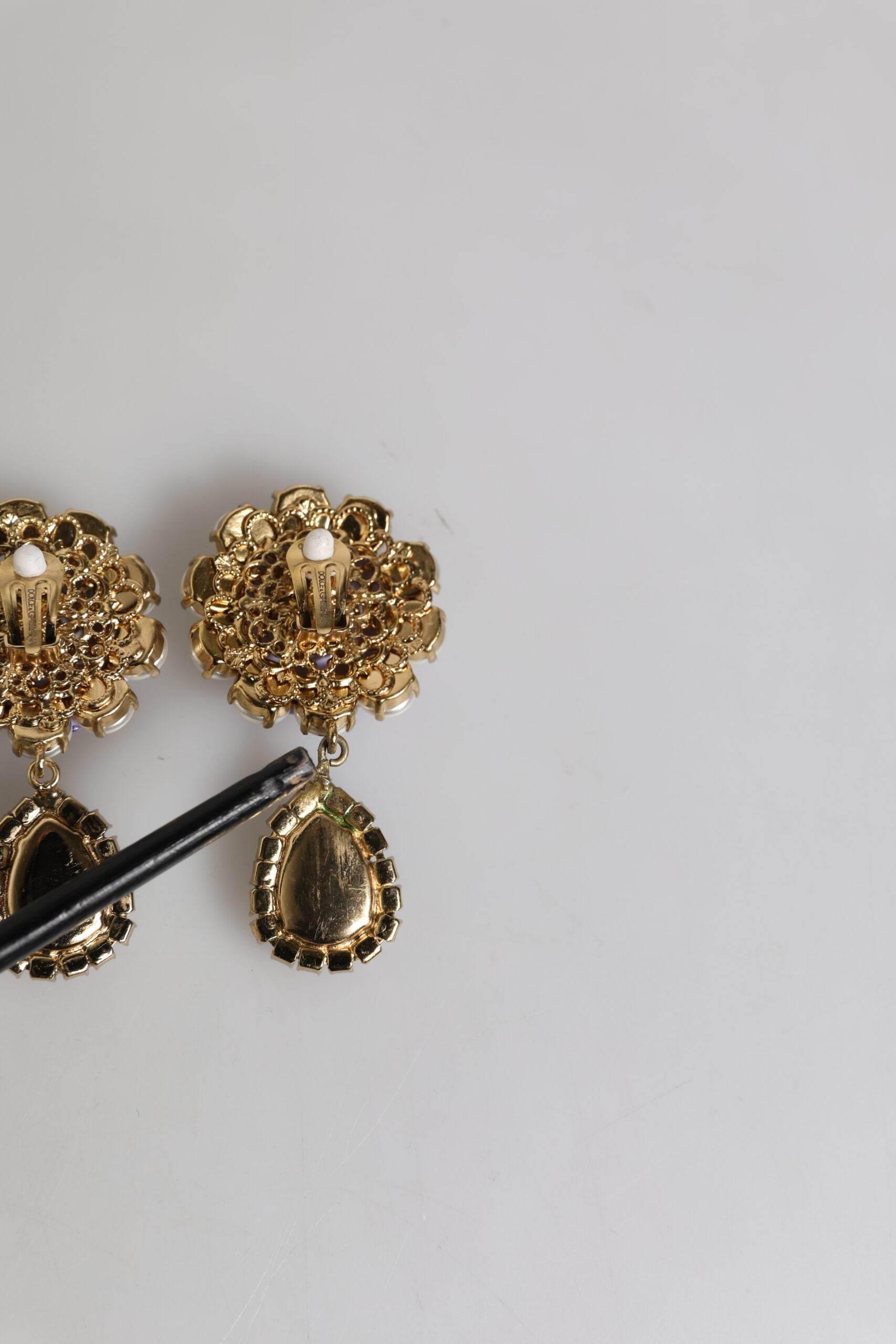 Dolce & Gabbana Purple Flower Pearl Teardrop Crystals Clip On Earrings - Hilstor