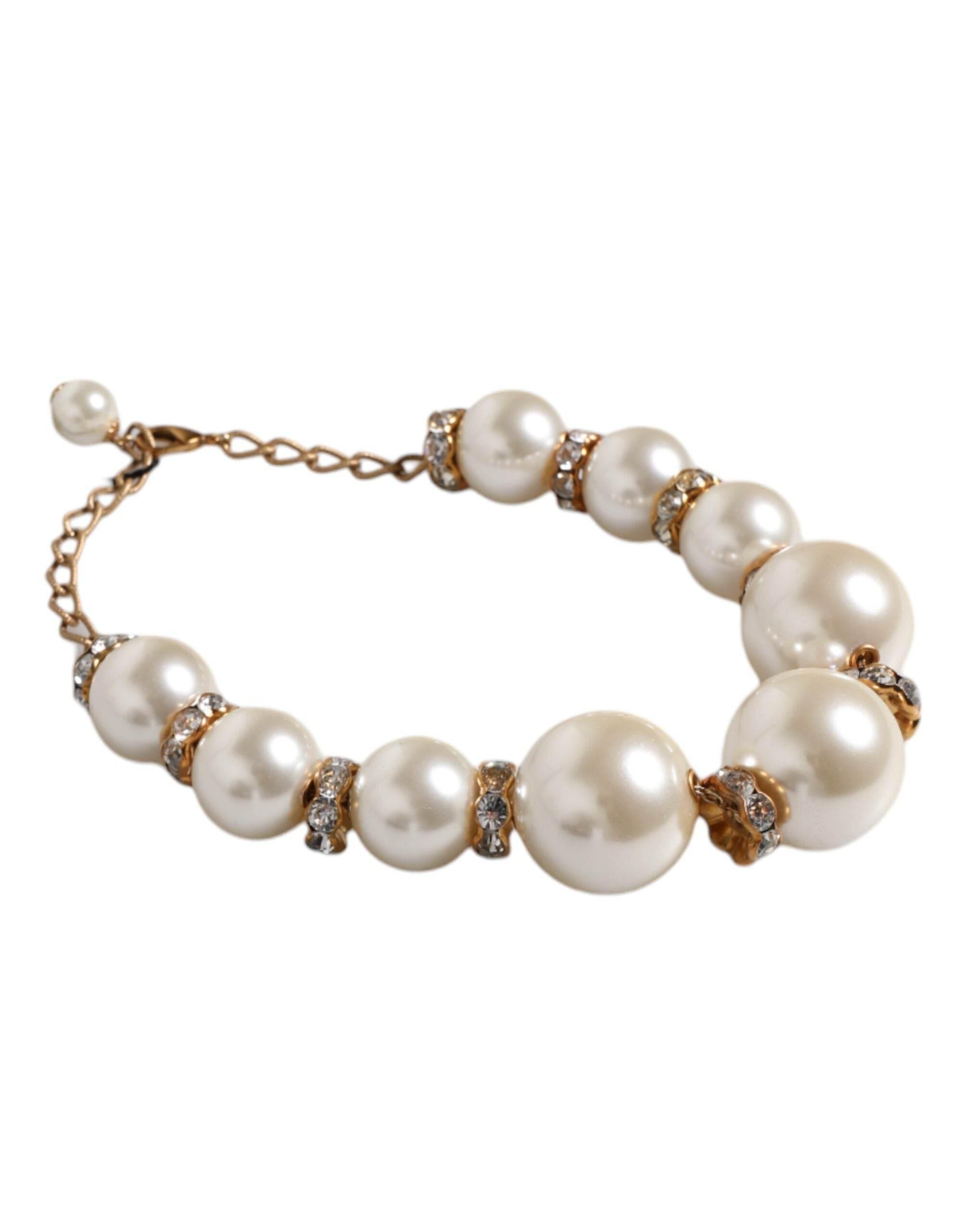 Dolce & Gabbana White Maxi Faux Pearl Beads Crystals Gold Chain Necklace - Hilstor