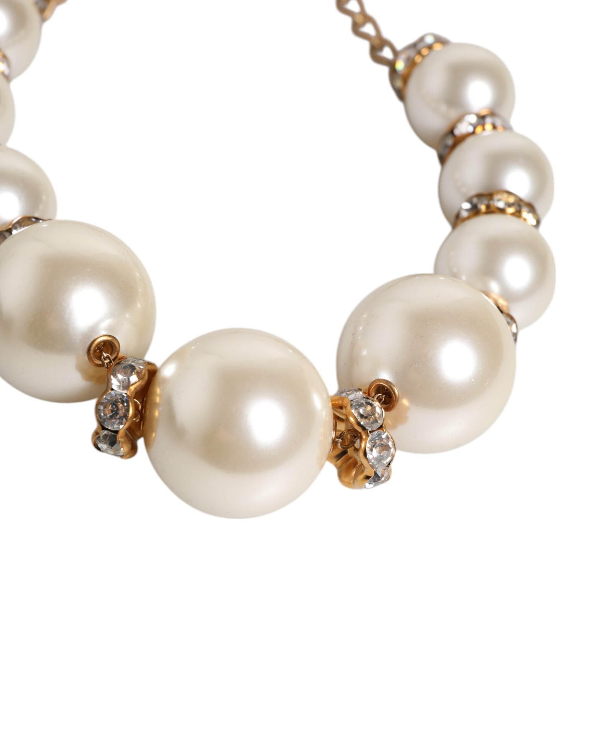 Dolce & Gabbana White Maxi Faux Pearl Beads Crystals Gold Chain Necklace - Hilstor