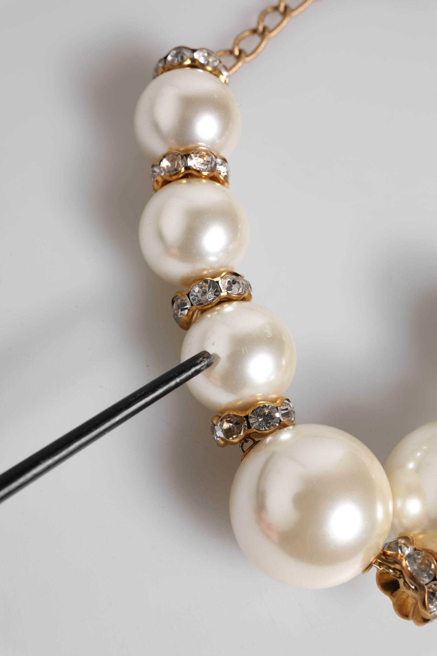 Dolce & Gabbana White Maxi Faux Pearl Beads Crystals Gold Chain Necklace - Hilstor