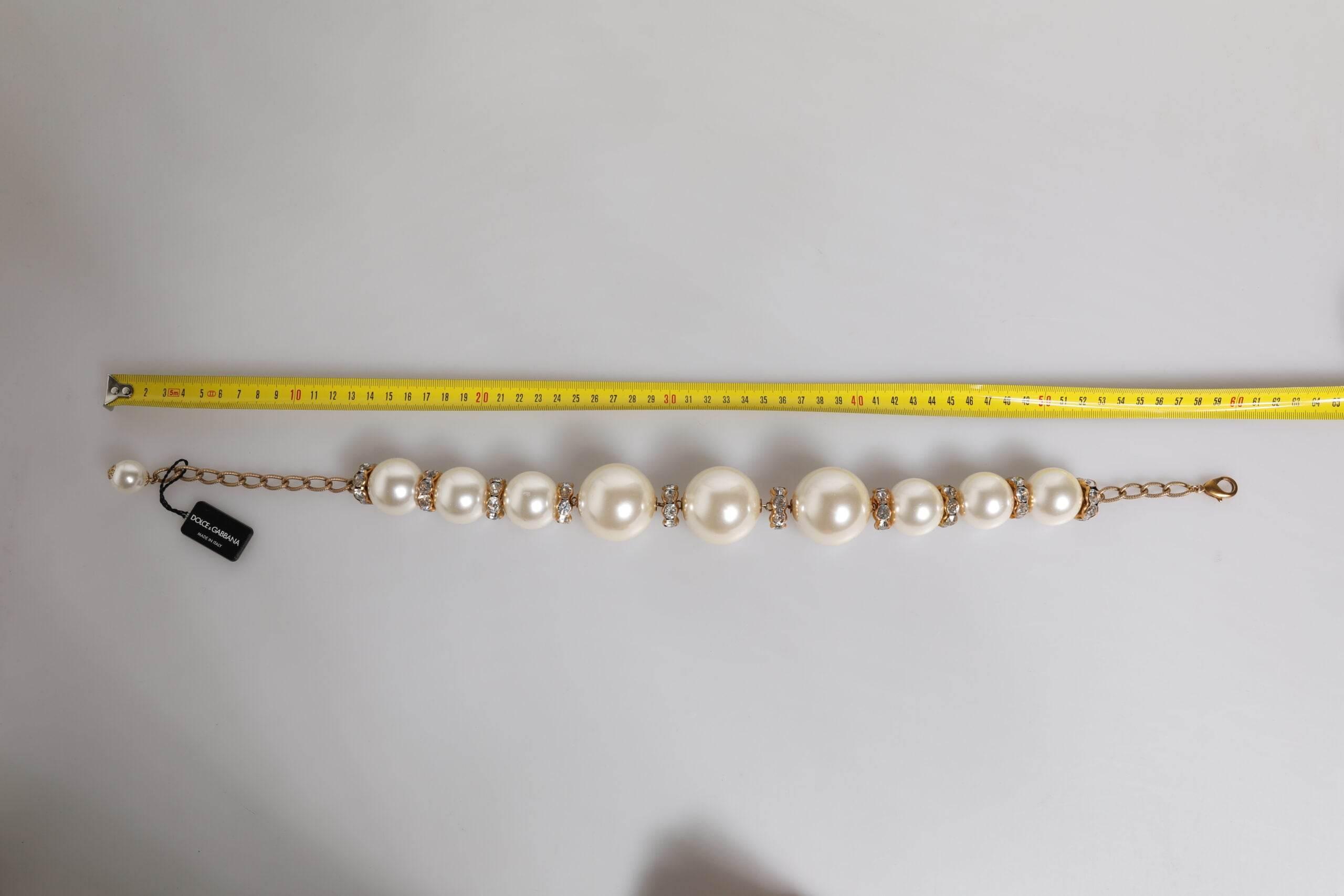 Dolce & Gabbana White Maxi Faux Pearl Beads Crystals Gold Chain Necklace - Hilstor