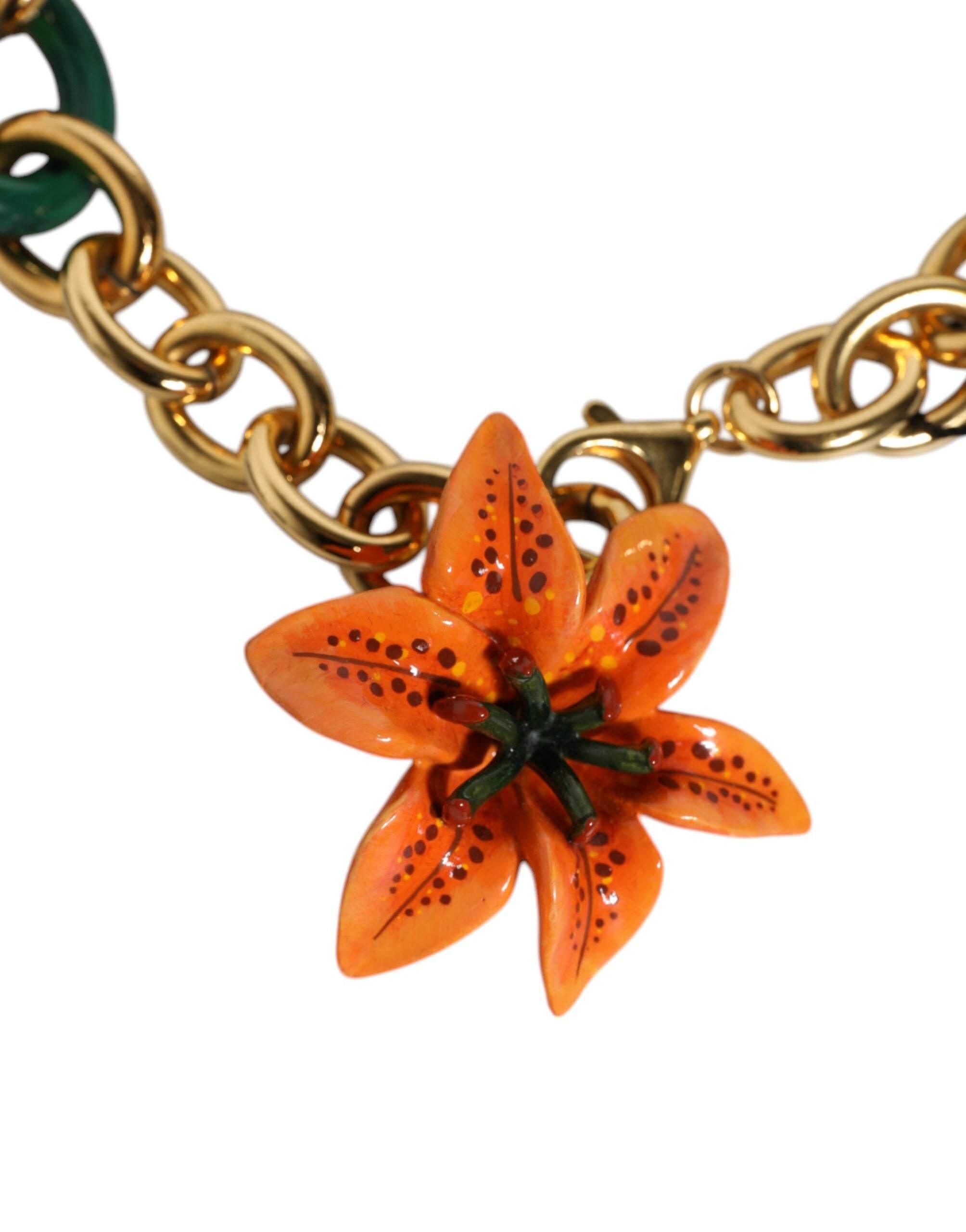 Dolce & Gabbana Multicolor Gold Brass Orange Lily Floral Chain Necklace - Hilstor