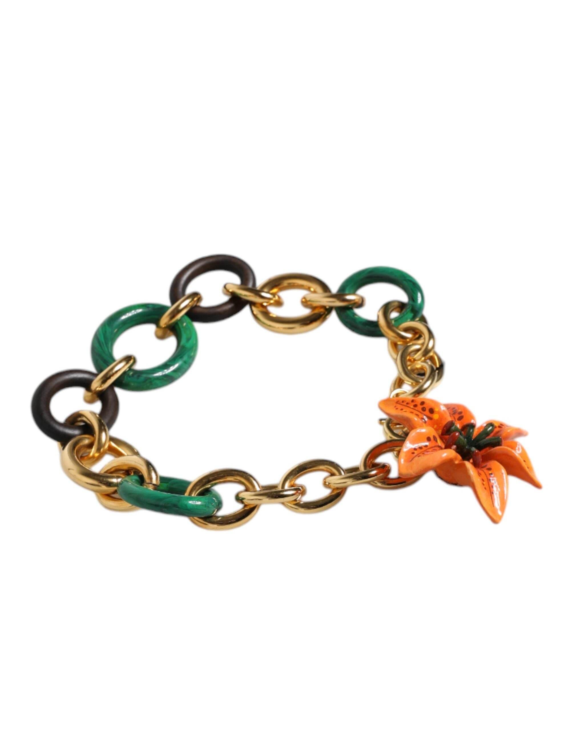 Dolce & Gabbana Multicolor Gold Brass Orange Lily Floral Chain Necklace - Hilstor