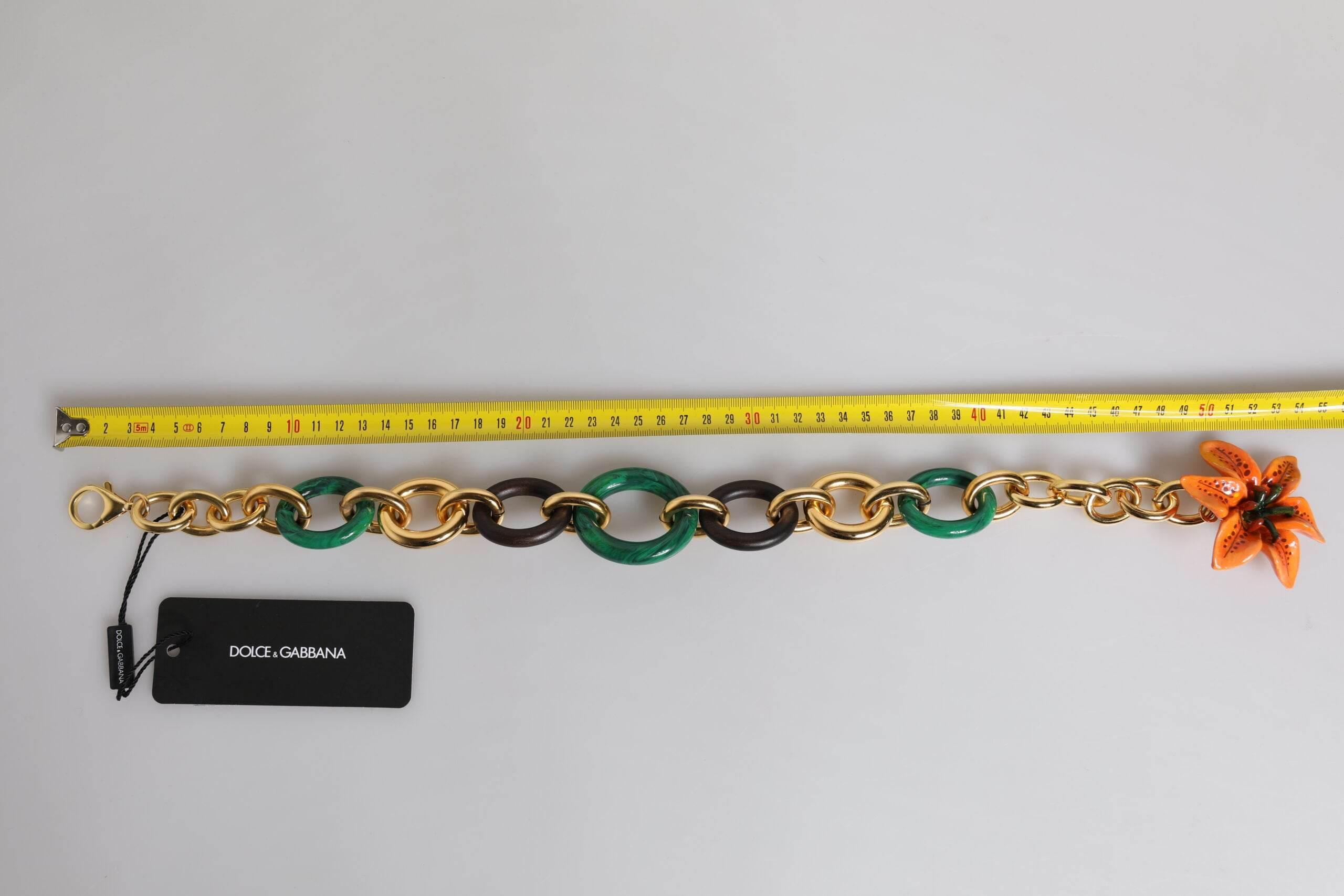 Dolce & Gabbana Multicolor Gold Brass Orange Lily Floral Chain Necklace - Hilstor
