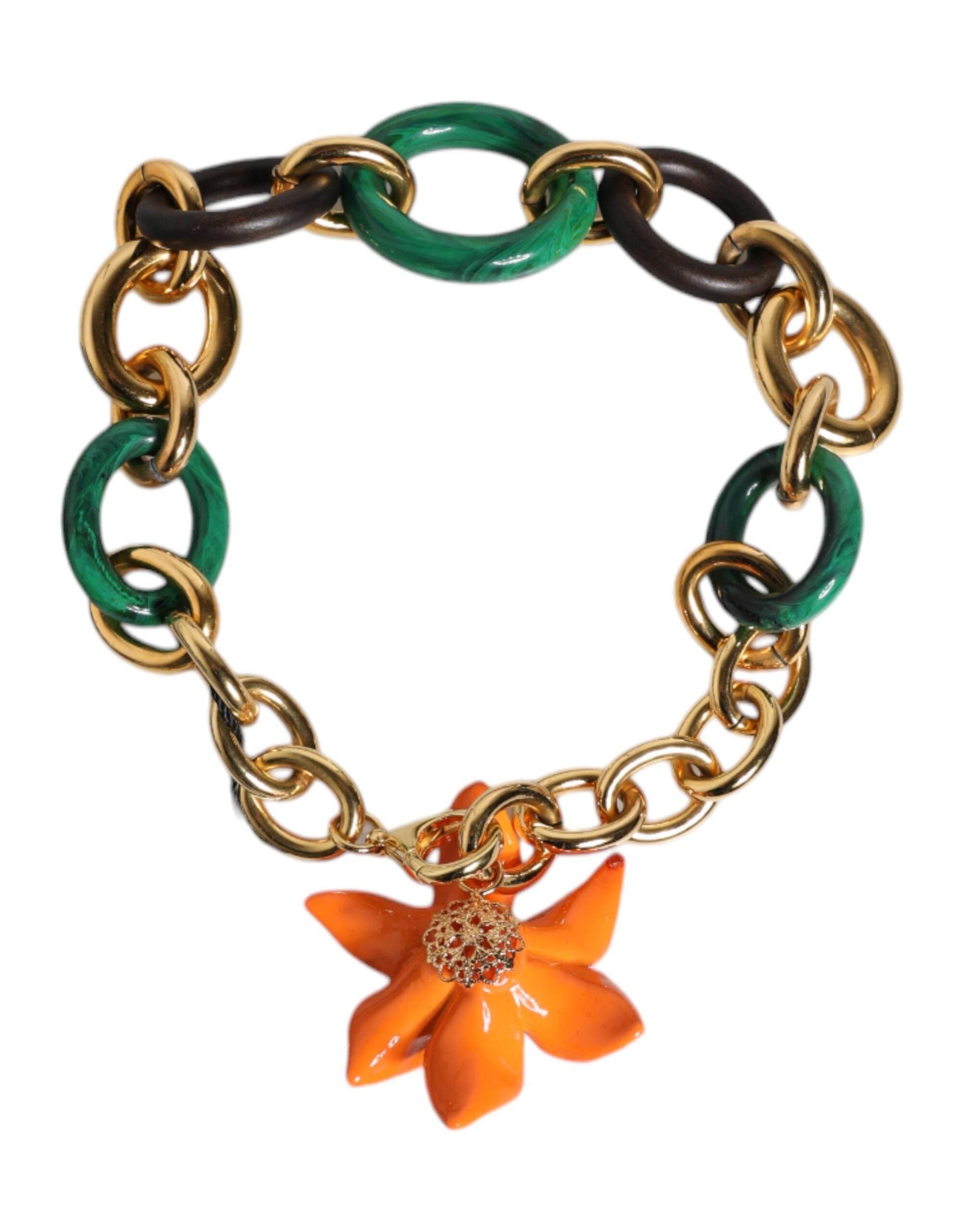 Dolce & Gabbana Multicolor Gold Brass Orange Lily Floral Chain Necklace - Hilstor