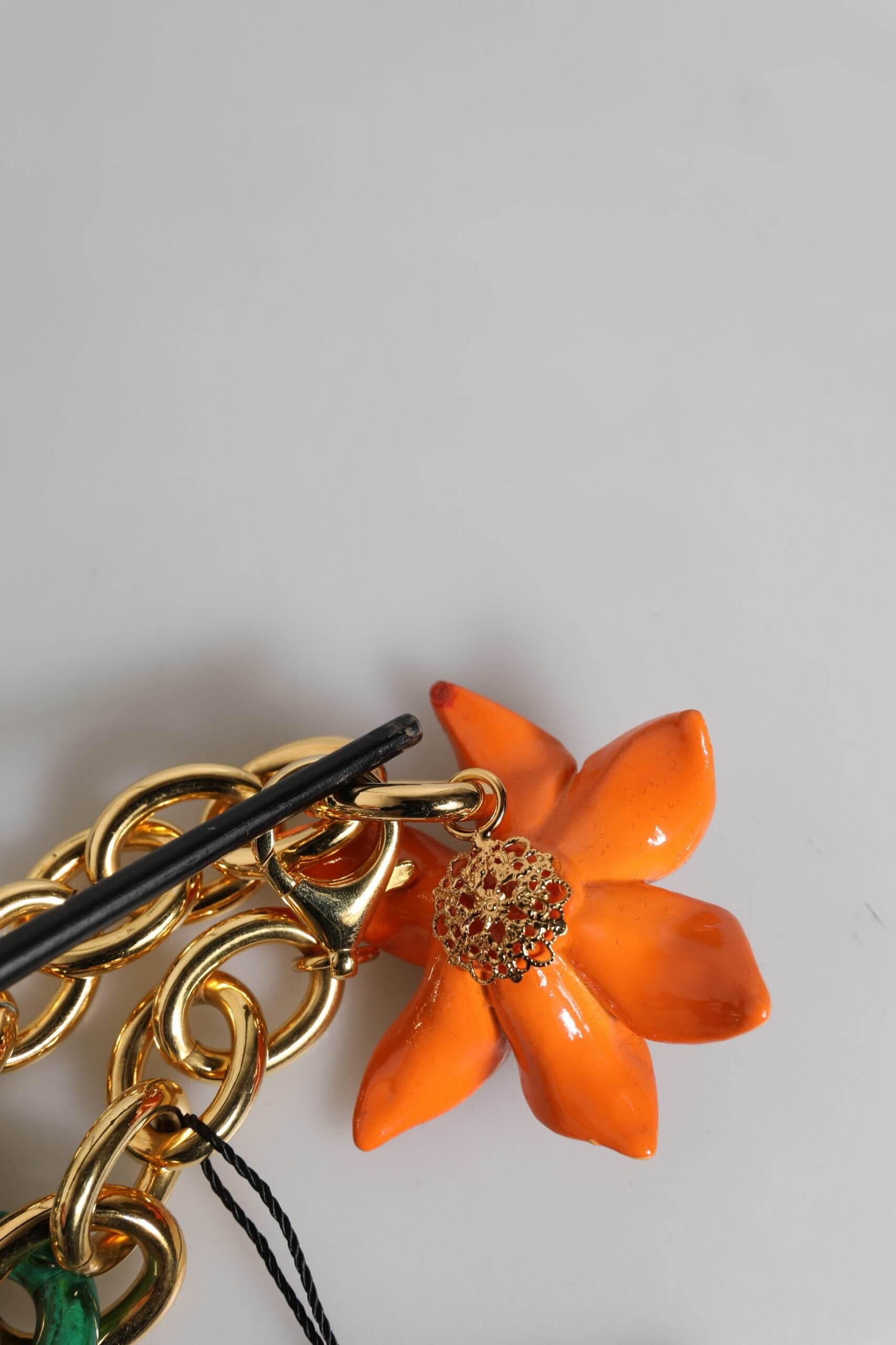 Dolce & Gabbana Multicolor Gold Brass Orange Lily Floral Chain Necklace - Hilstor