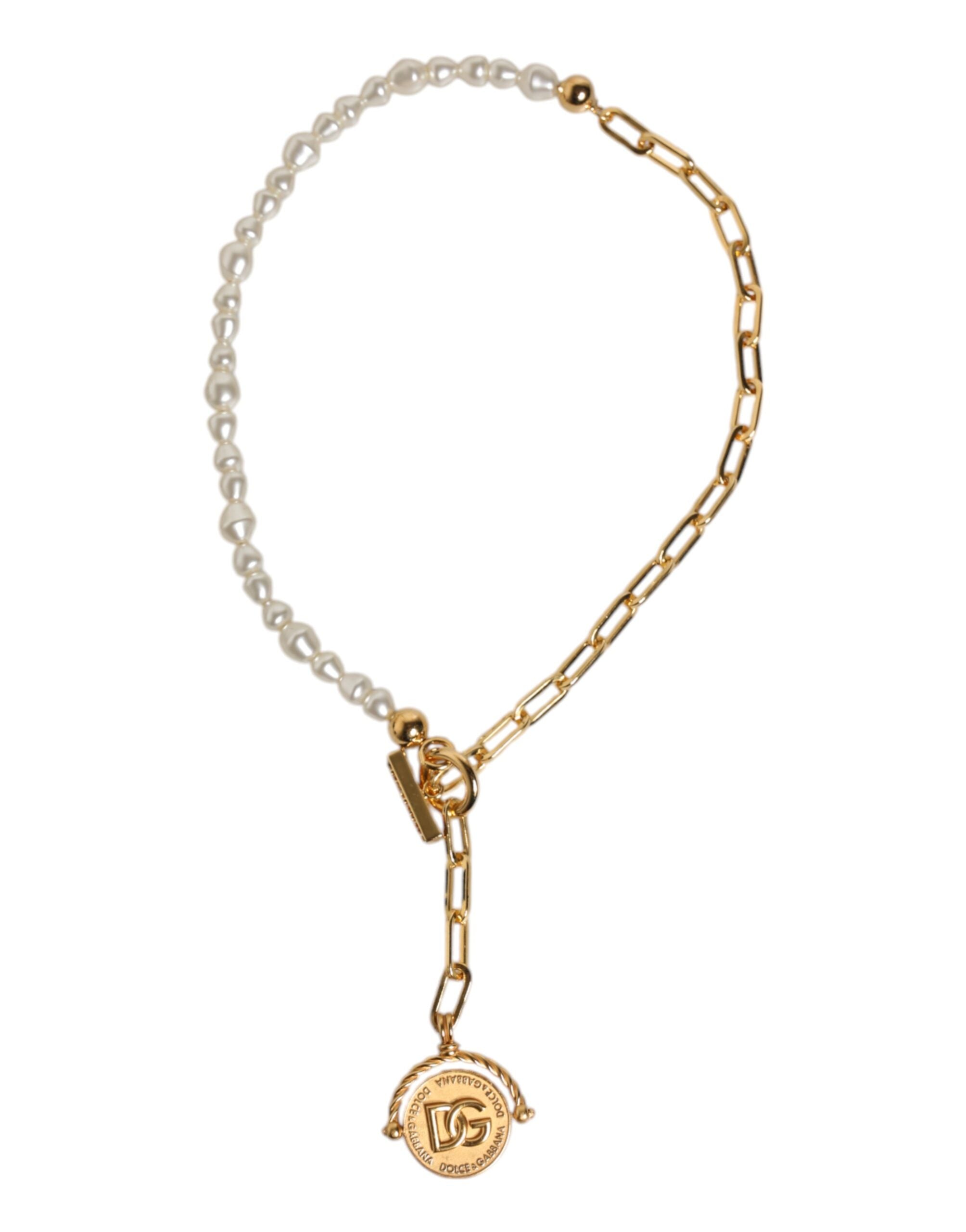 Dolce &amp; Gabbana Halsband med Guldkedja i Mässing och Konstpärlor, Hänge i Logotyp