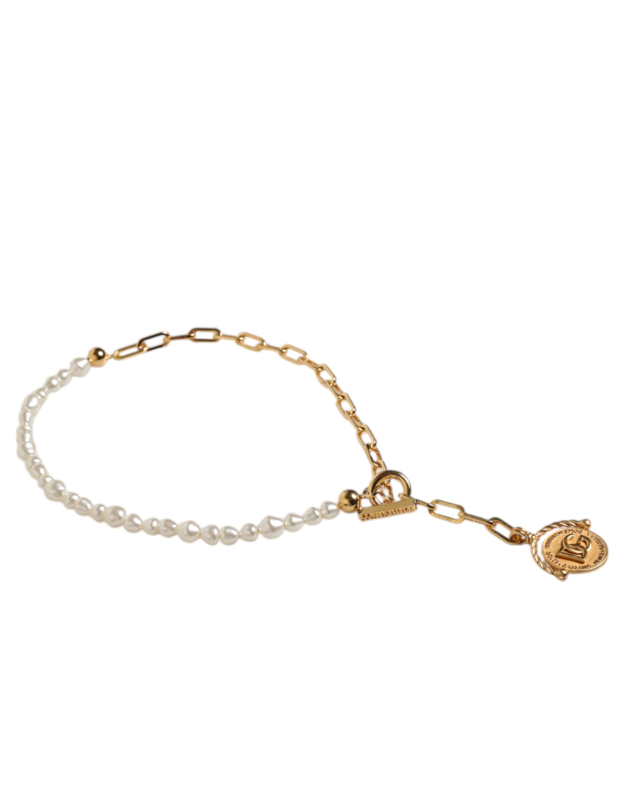 Dolce &amp; Gabbana Halsband med Guldkedja i Mässing och Konstpärlor, Hänge i Logotyp