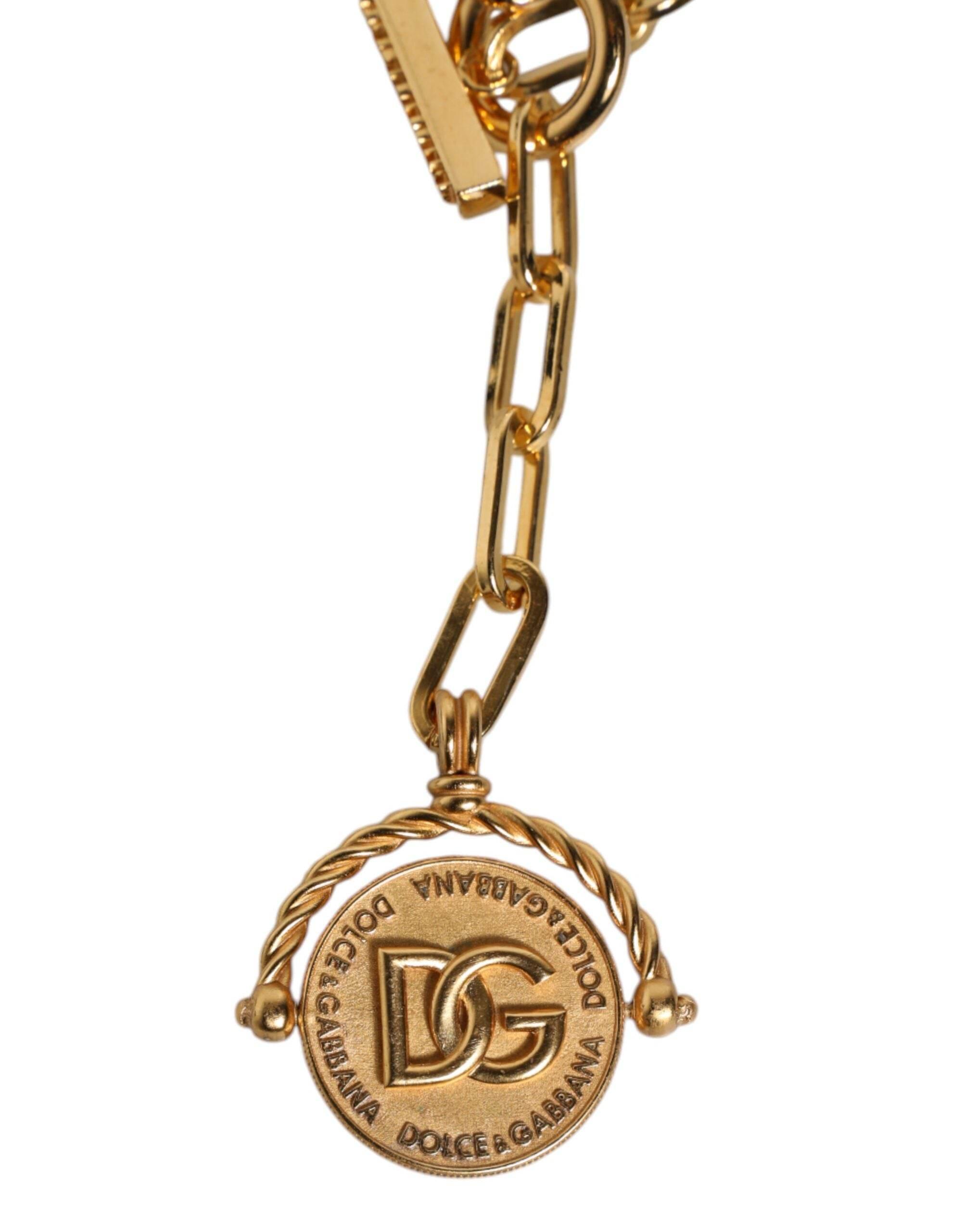 Dolce & Gabbana Gold Chain Brass Faux Pearl Charm Logo Pendant Necklace - Hilstor
