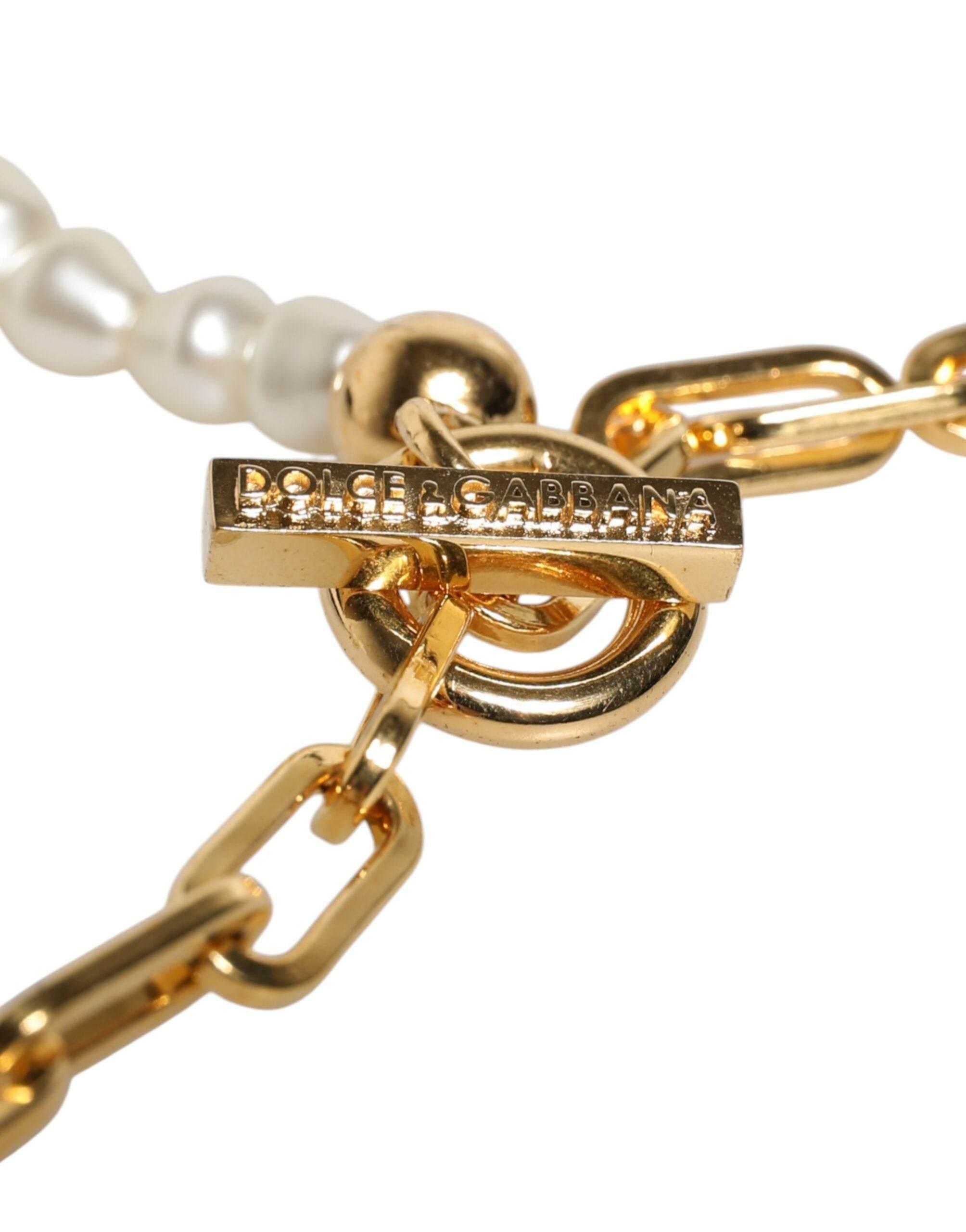 Dolce & Gabbana Gold Chain Brass Faux Pearl Charm Logo Pendant Necklace - Hilstor