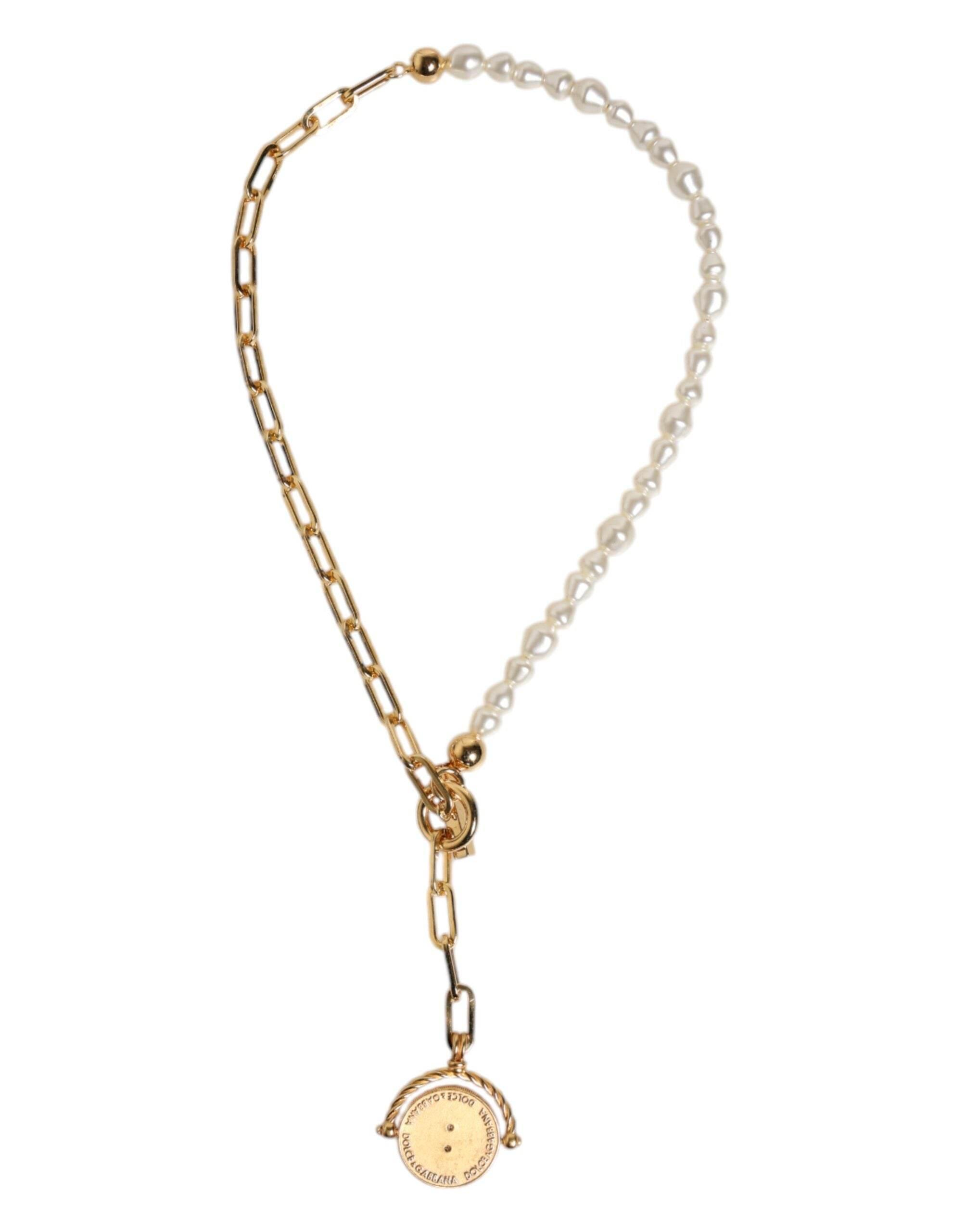 Dolce & Gabbana Gold Chain Brass Faux Pearl Charm Logo Pendant Necklace - Hilstor