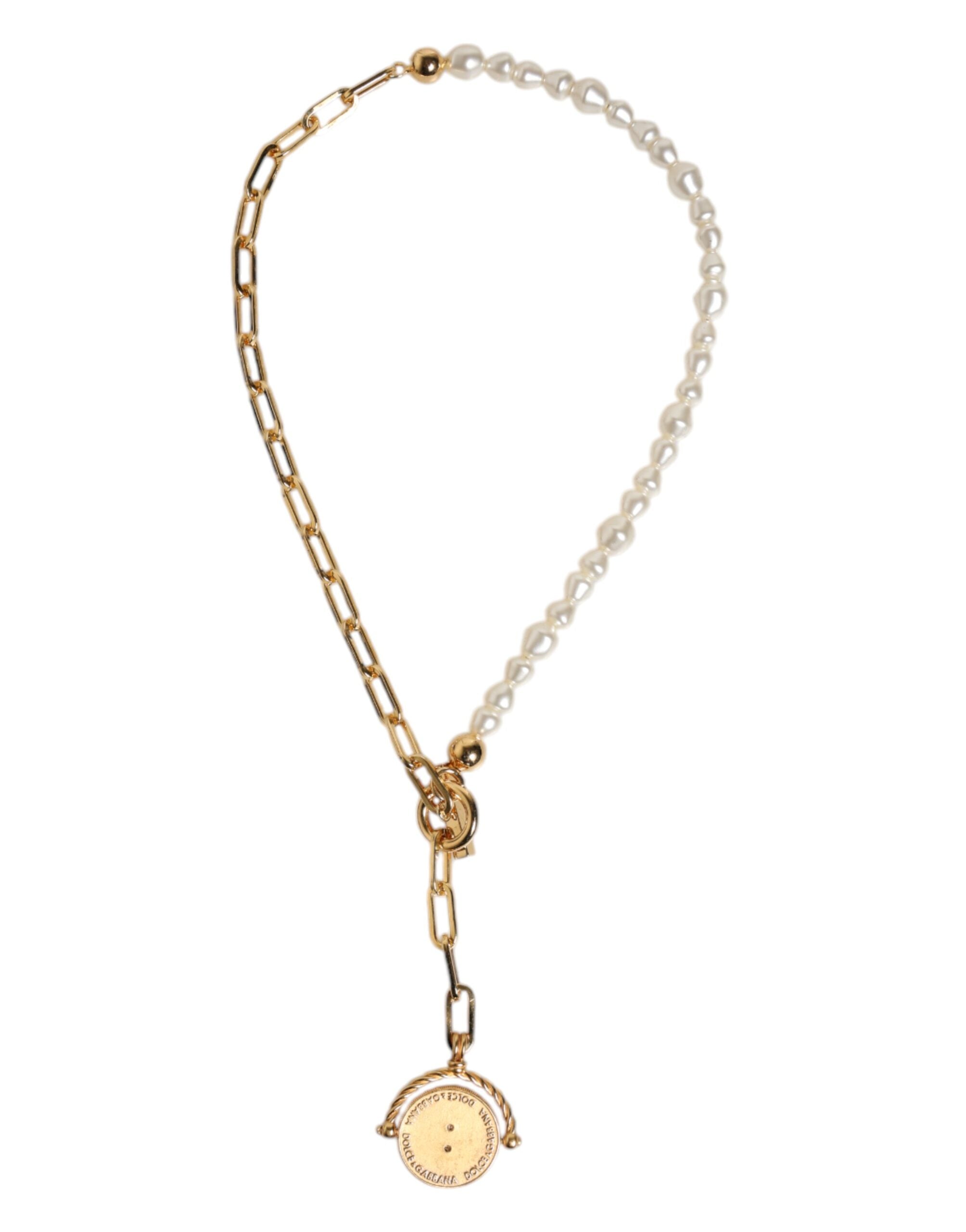 Dolce &amp; Gabbana Halsband med Guldkedja i Mässing och Konstpärlor, Hänge i Logotyp