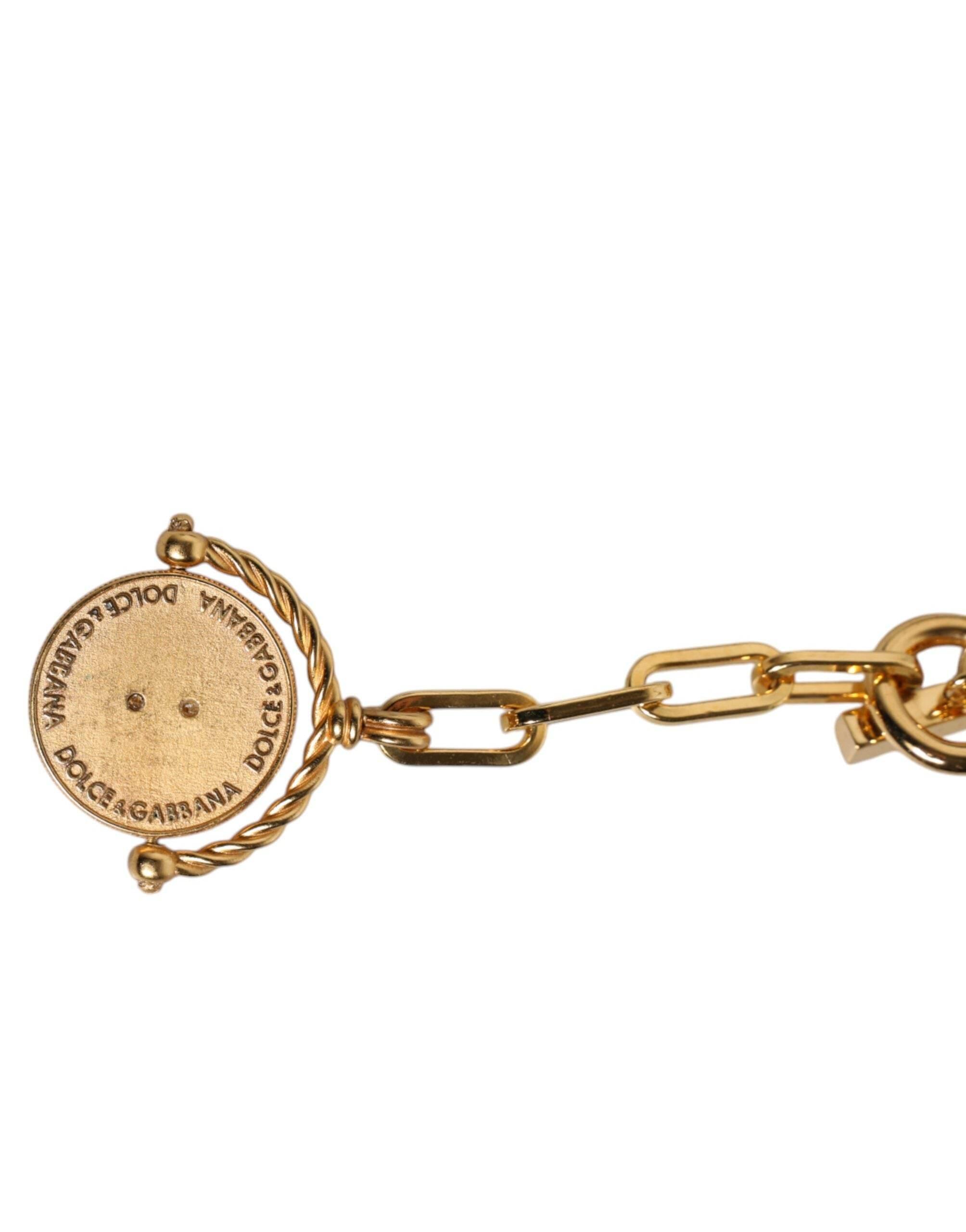 Dolce & Gabbana Gold Chain Brass Faux Pearl Charm Logo Pendant Necklace - Hilstor