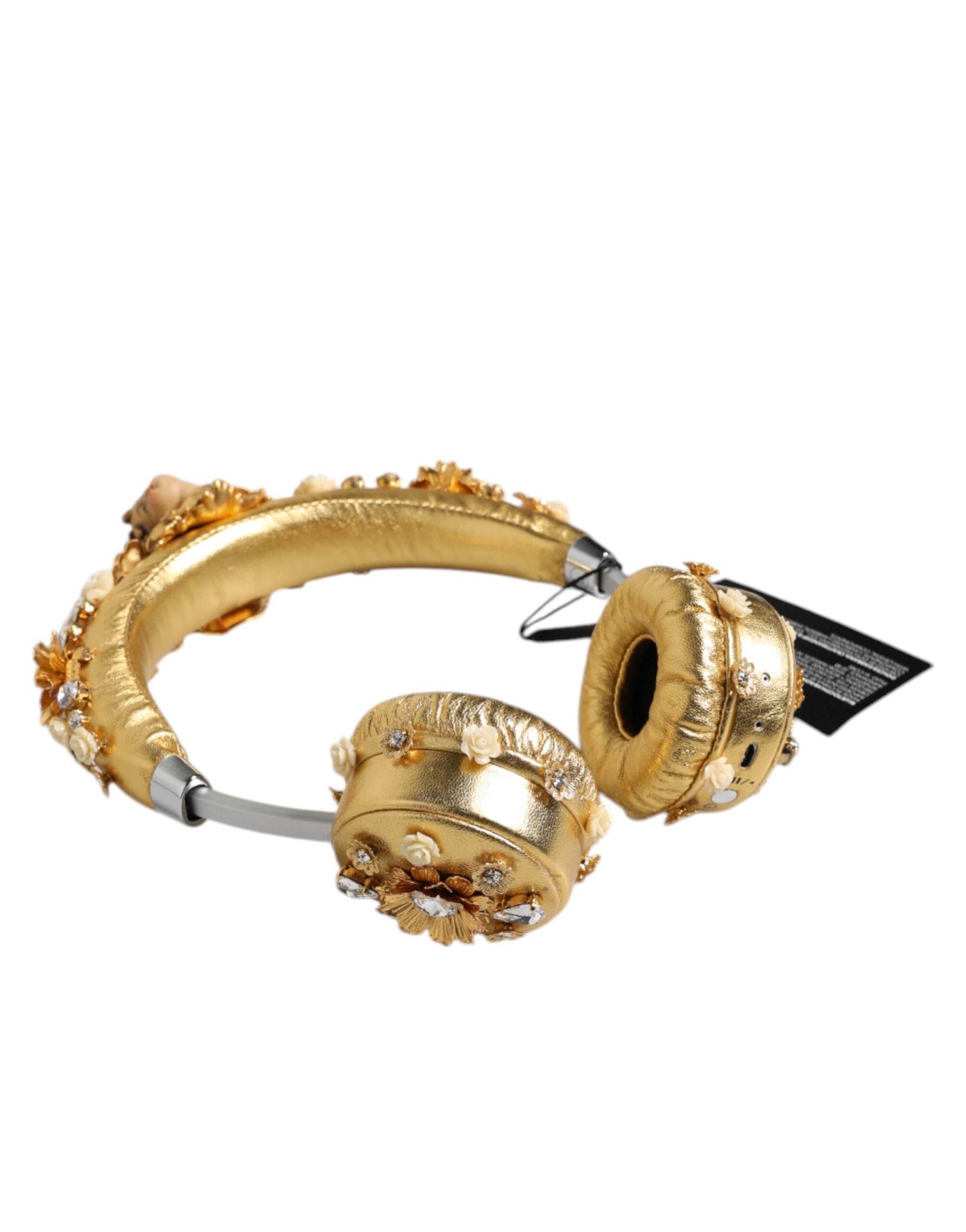 Dolce & Gabbana Gold Leather Floral Crystal Angel Headset Headphones - Hilstor