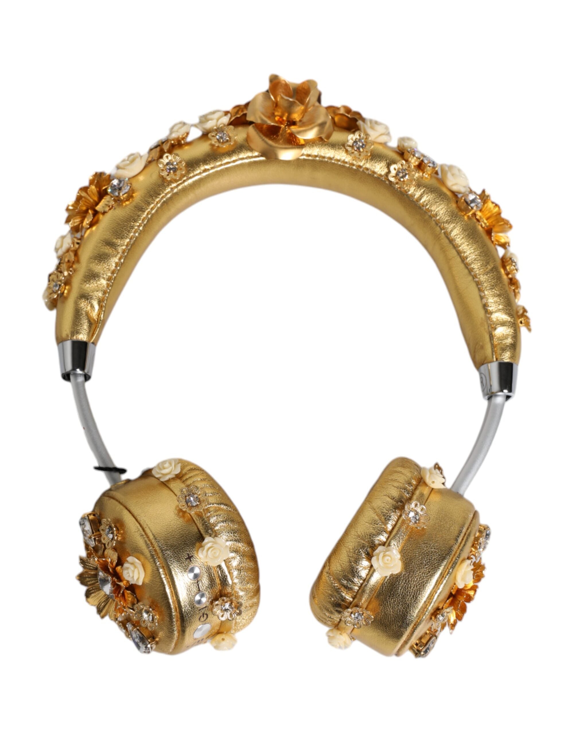 Dolce &amp; Gabbana Guldfärgade Läderhörlurar med Blommigt Kristall Ängelmönster