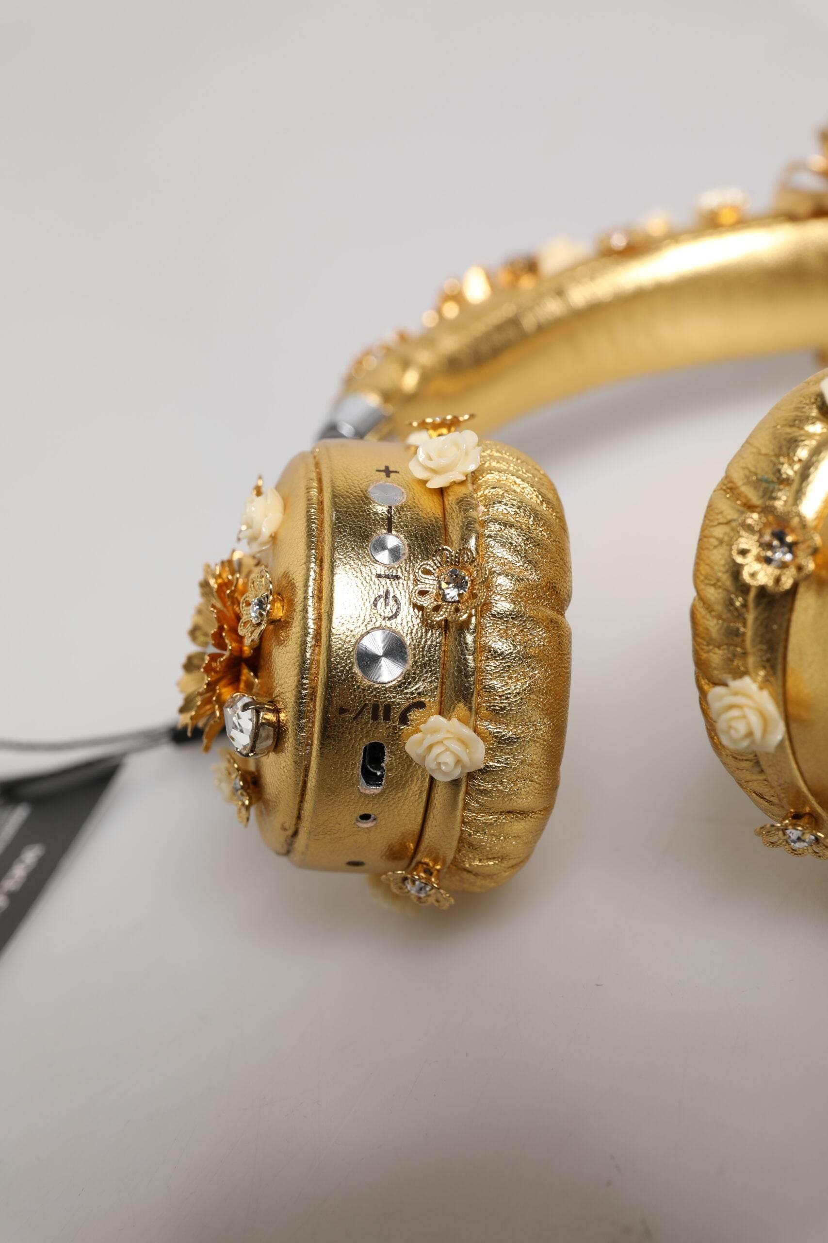 Dolce & Gabbana Gold Leather Floral Crystal Angel Headset Headphones - Hilstor