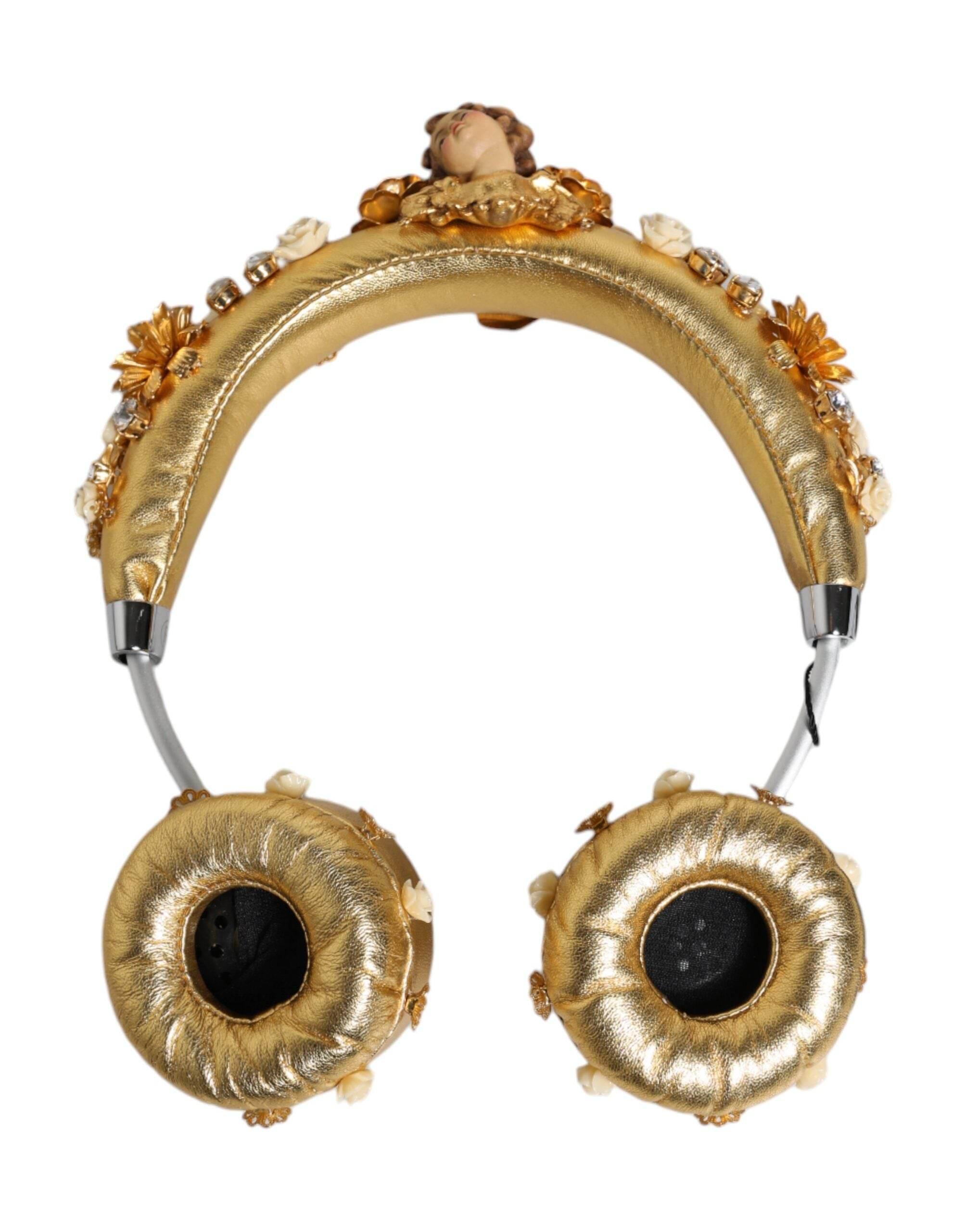 Dolce & Gabbana Gold Leather Floral Crystal Angel Headset Headphones - Hilstor