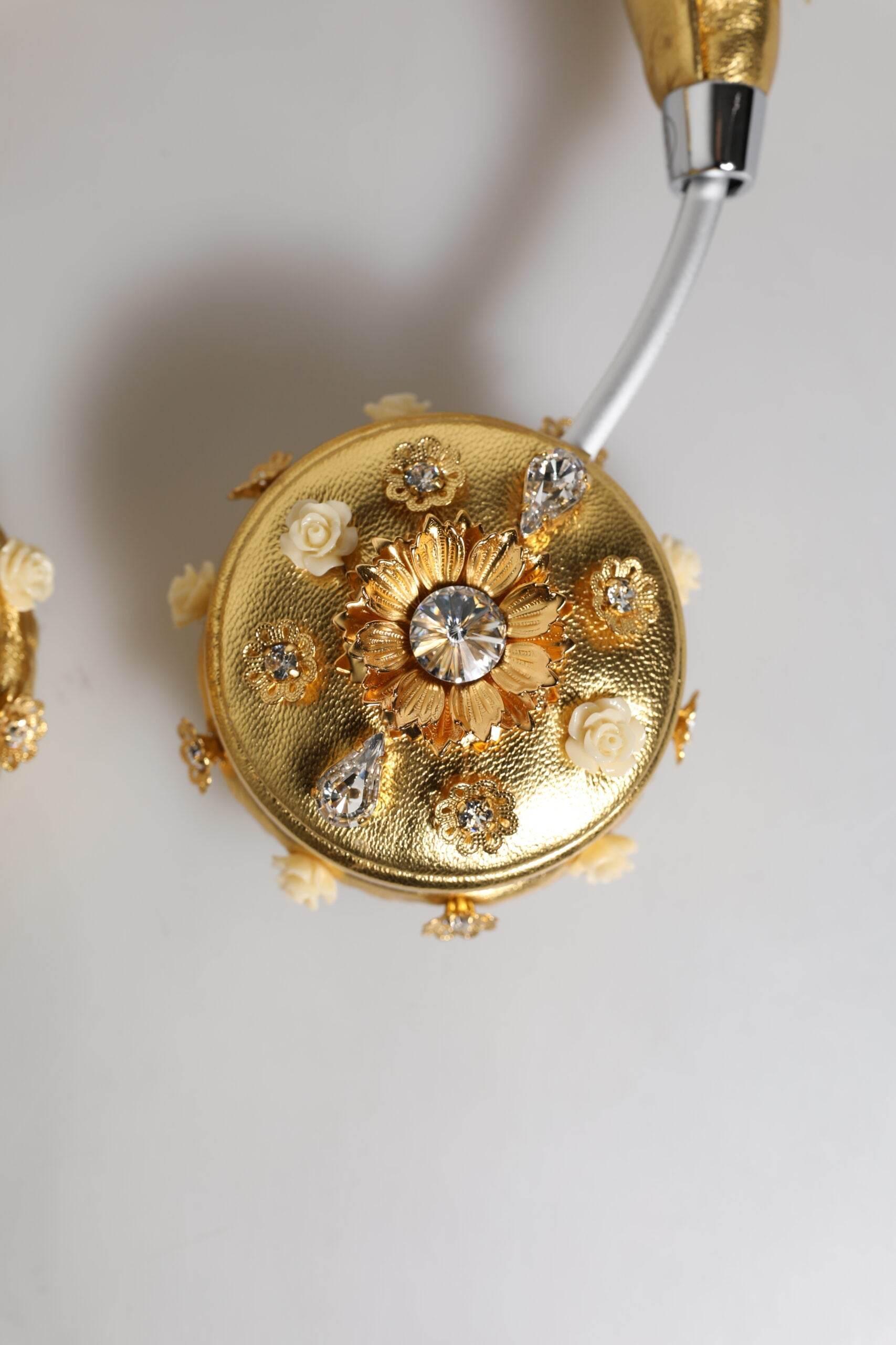 Dolce & Gabbana Gold Leather Floral Crystal Angel Headset Headphones - Hilstor