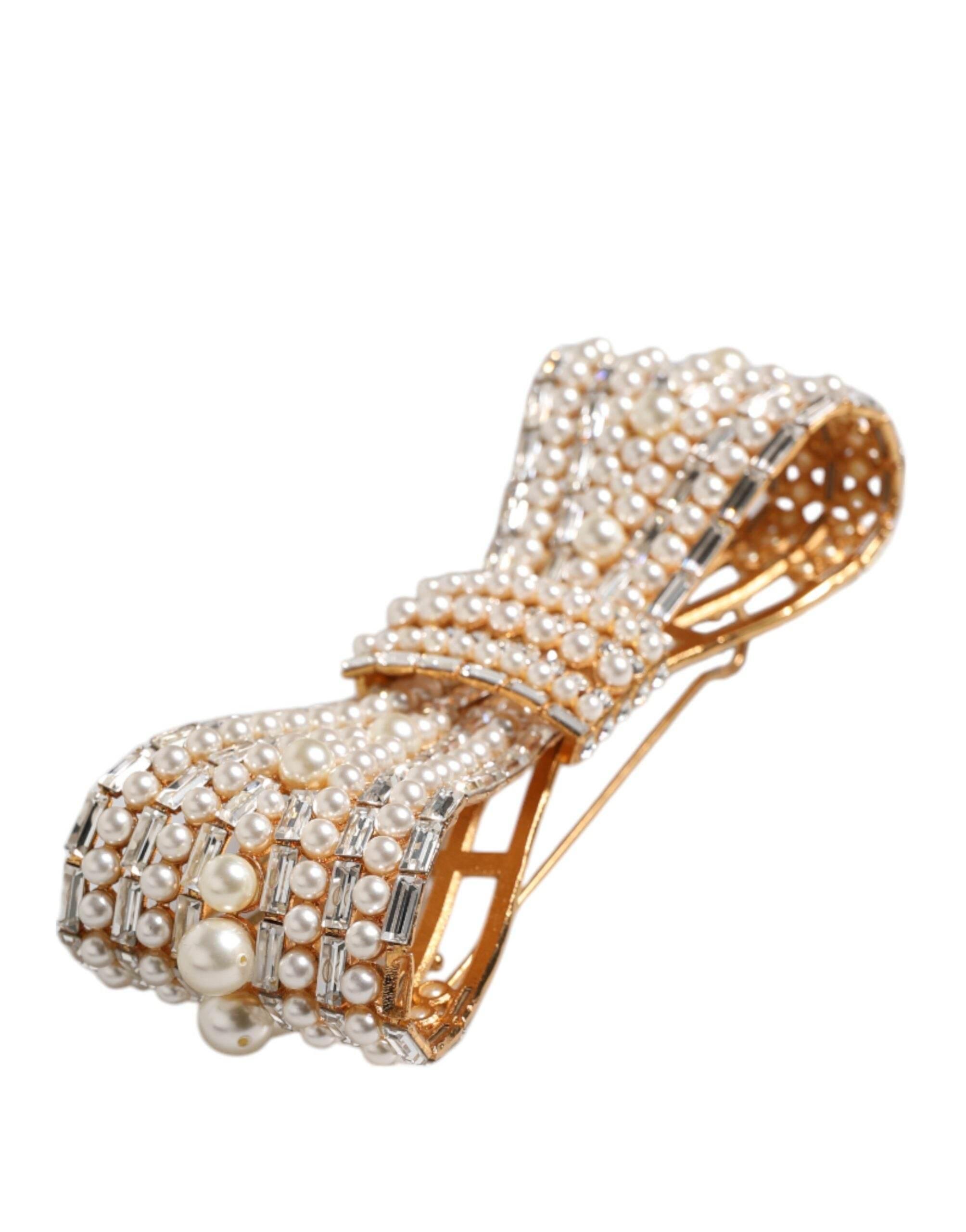 Dolce & Gabbana Gold Tone Brass Bow Crystal FauxPearl Embellished Brooch - Hilstor