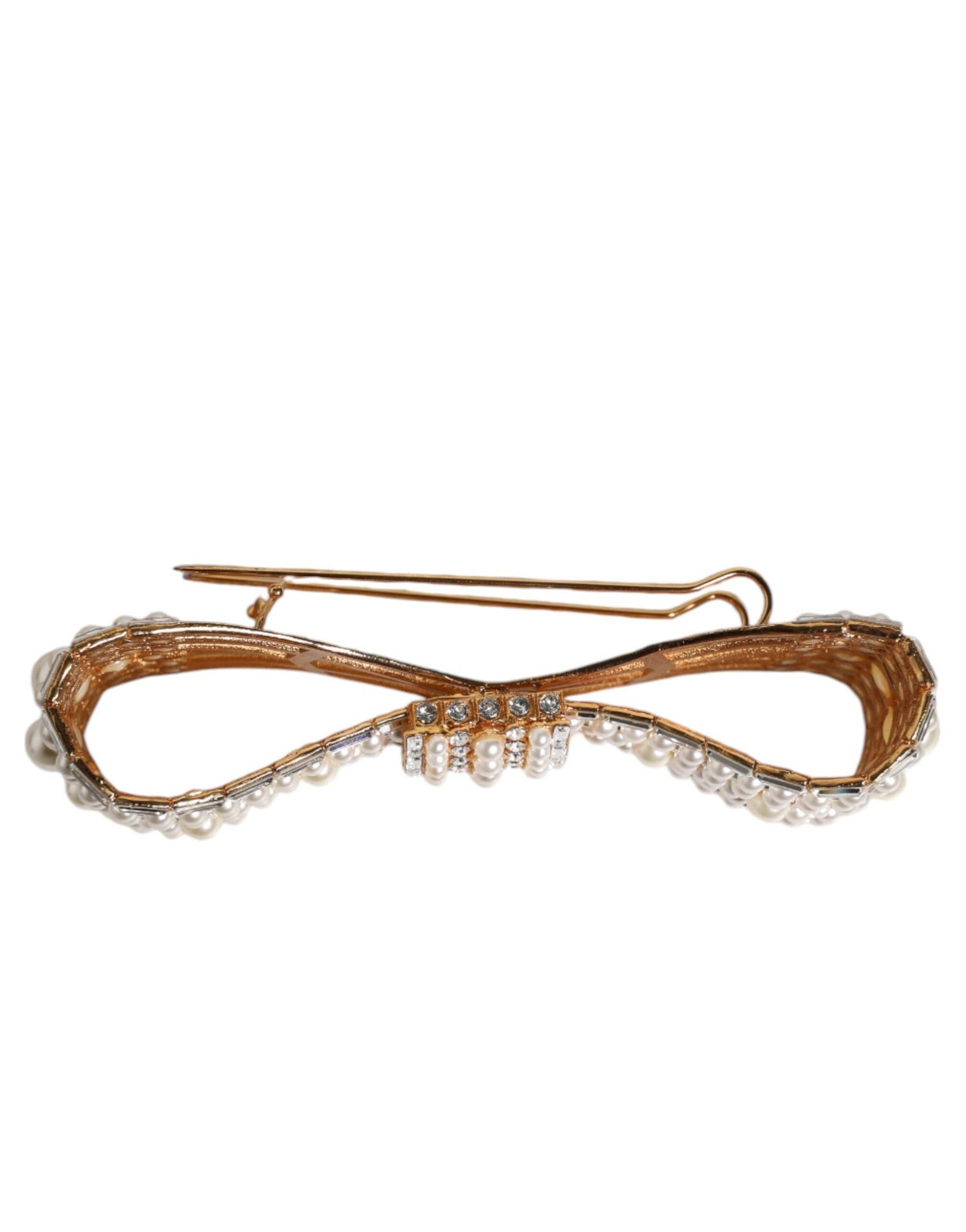 Dolce & Gabbana Gold Tone Brass Bow Crystal FauxPearl Embellished Brooch - Hilstor