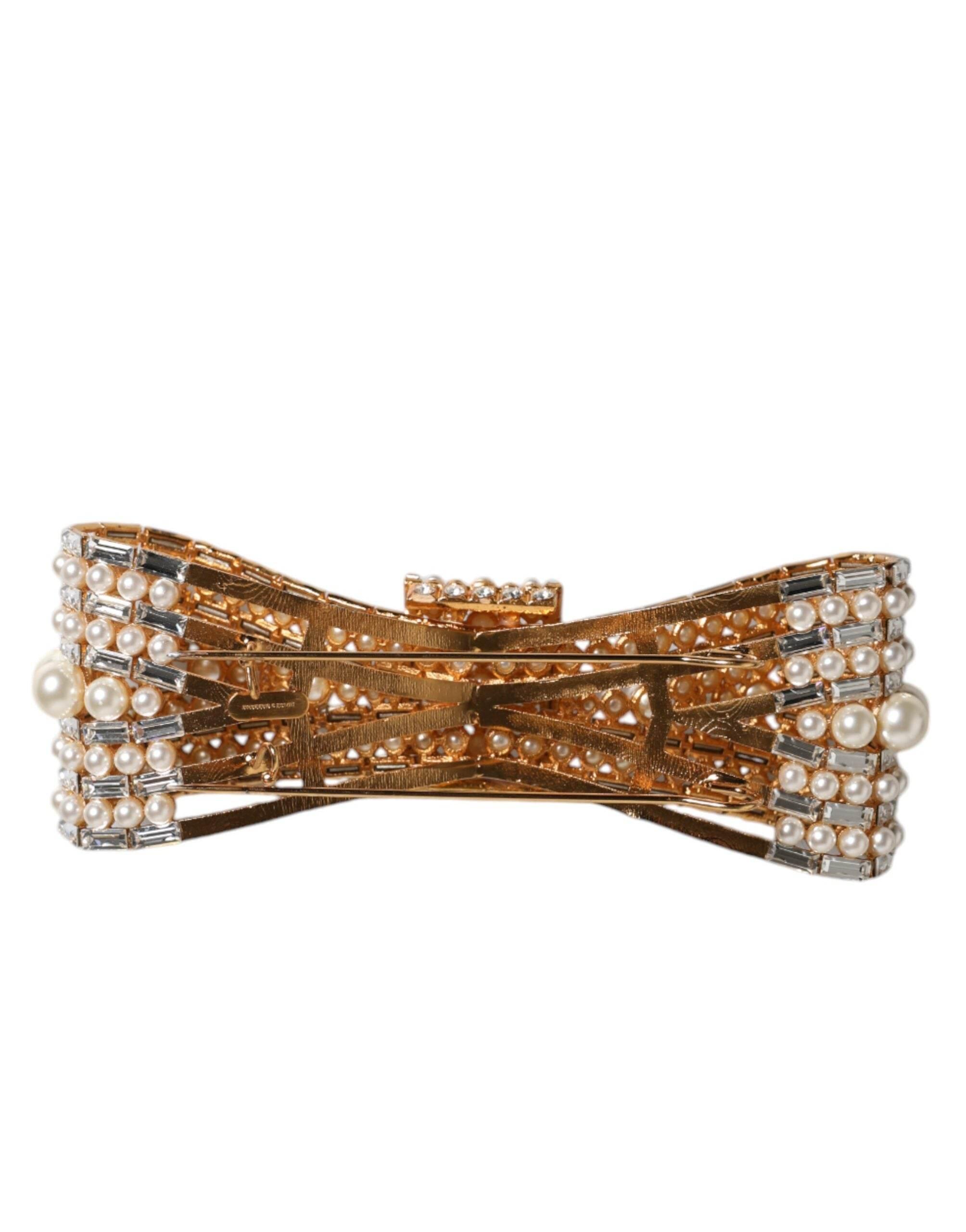 Dolce & Gabbana Gold Tone Brass Bow Crystal FauxPearl Embellished Brooch - Hilstor