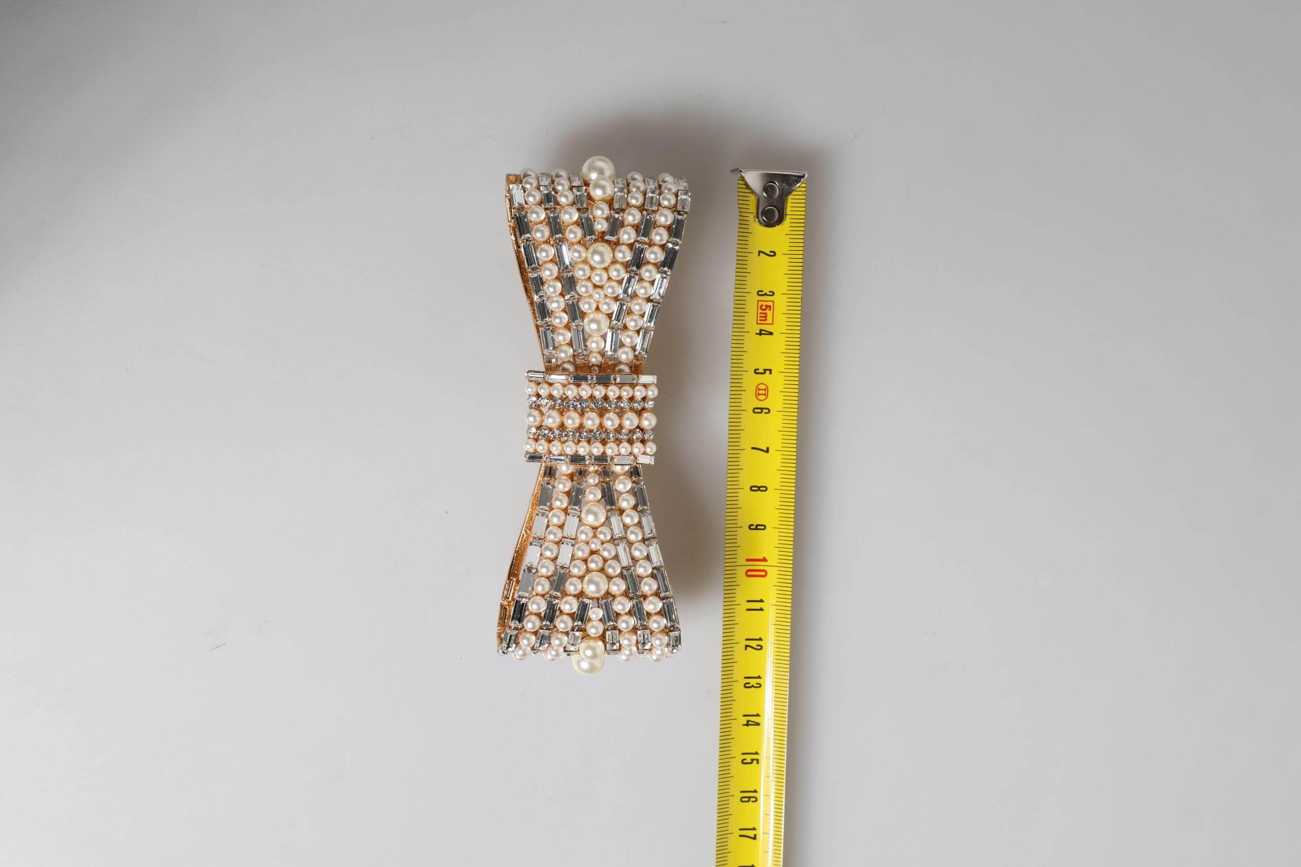 Dolce & Gabbana Gold Tone Brass Bow Crystal FauxPearl Embellished Brooch - Hilstor