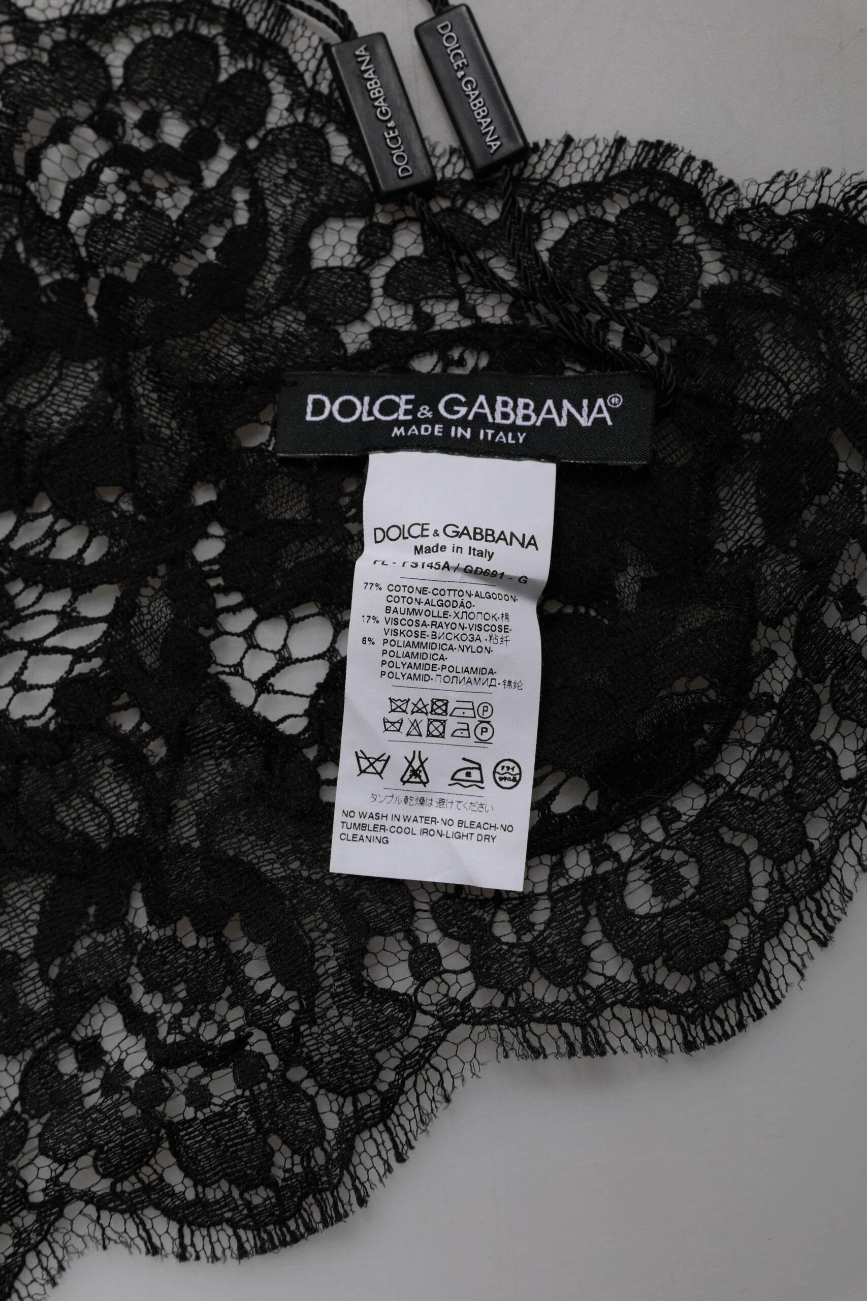 Dolce & Gabbana Black Floral Lace Cotton Triangle Foulard Scarf - Hilstor