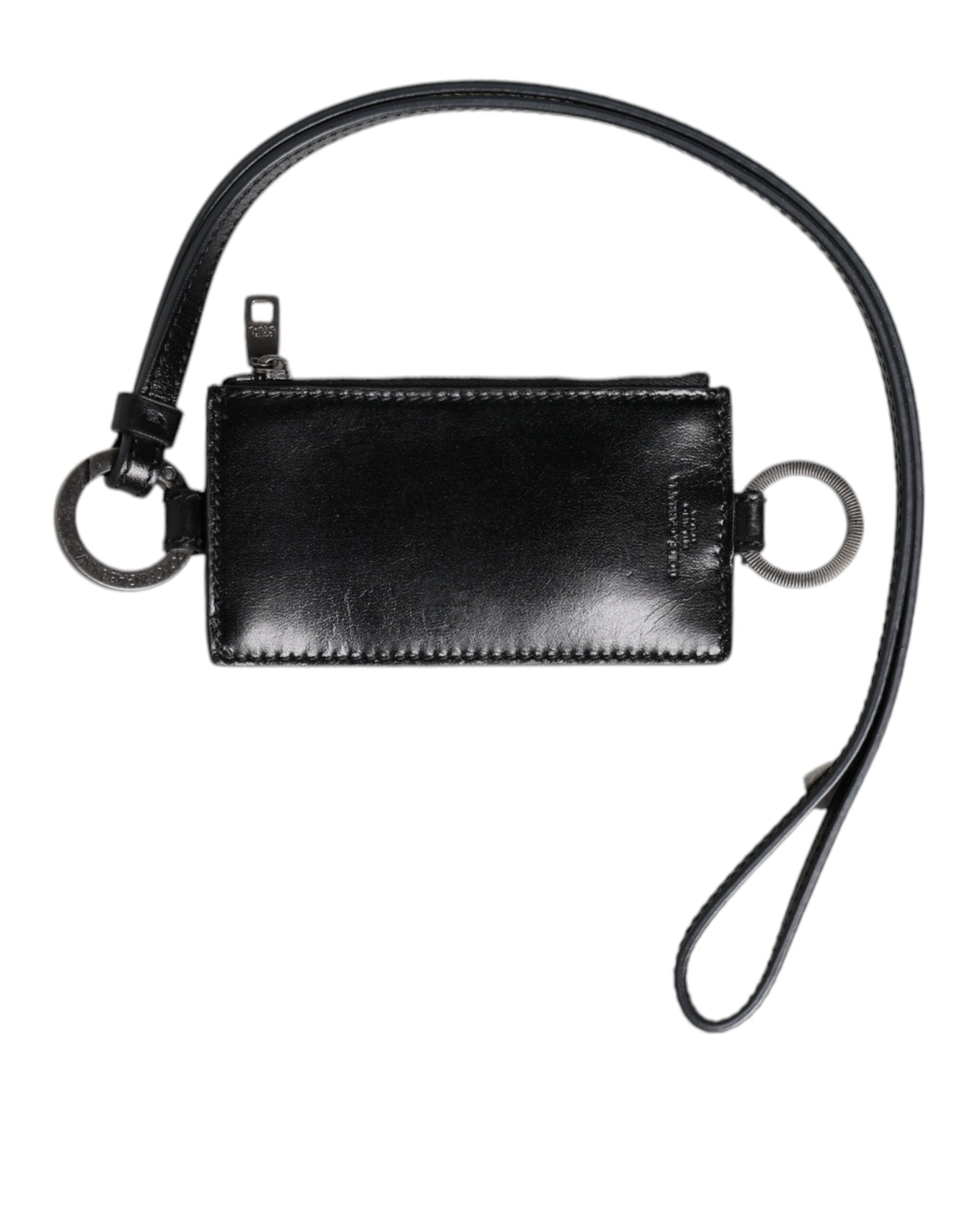 Dolce &amp; Gabbana sort læder logo præget lanyard kortholder tegnebog