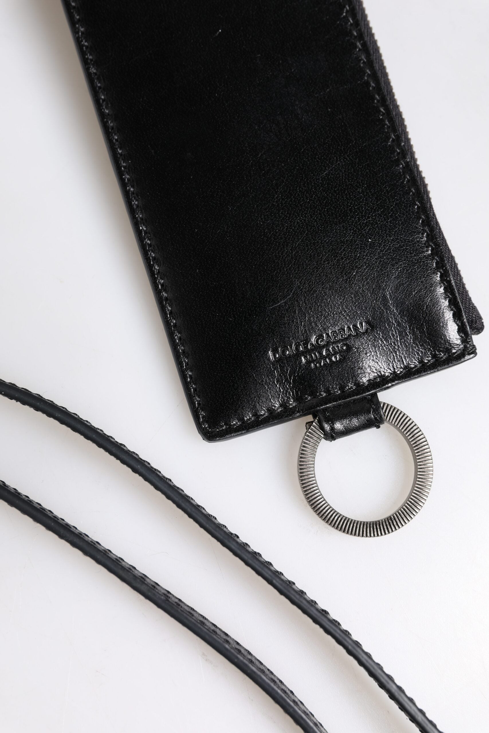Dolce & Gabbana sort læder logo præget lanyard kortholder tegnebog